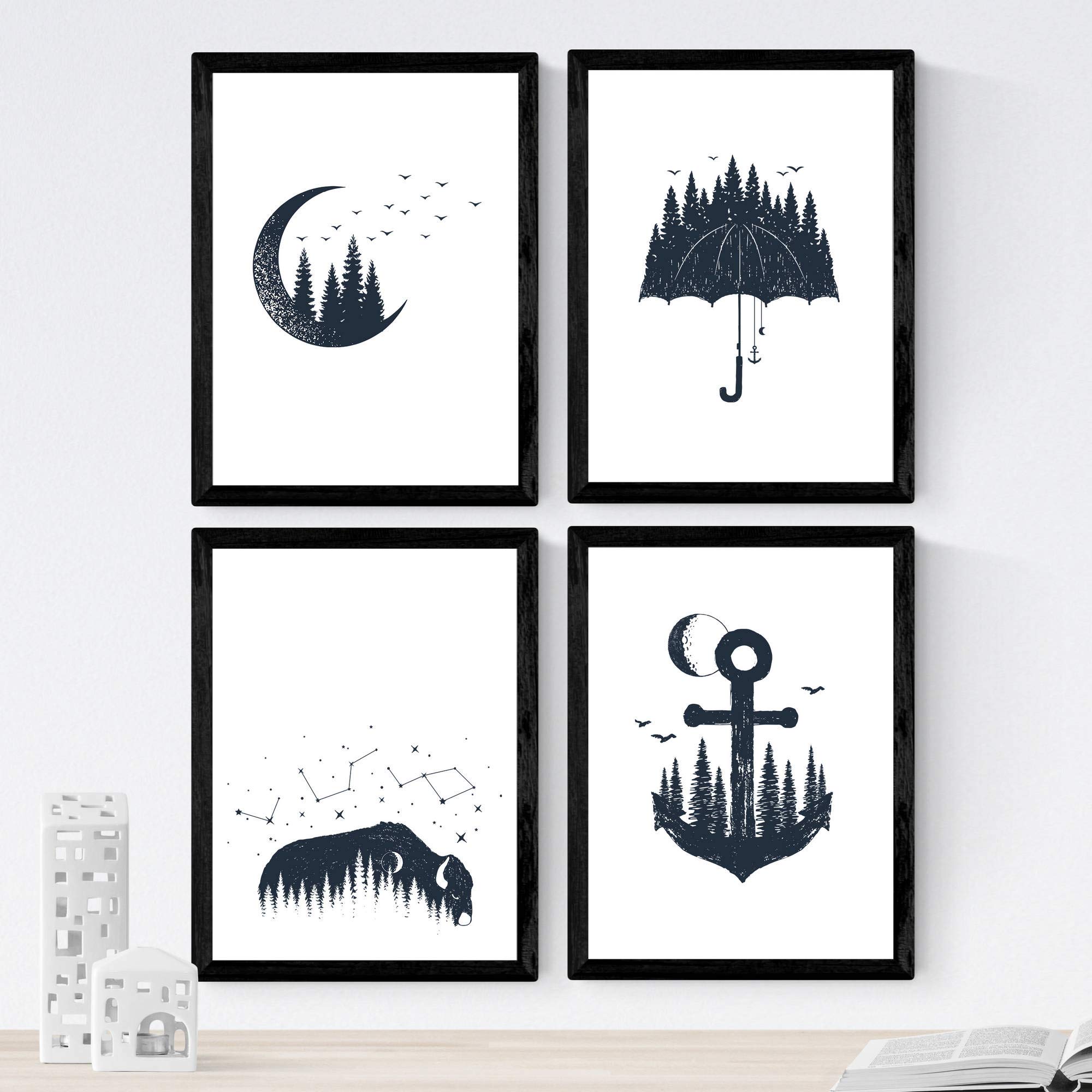 Nacnic Set of 4 prints of Forest Birds. Beautiful nature designs in nordic style. Wall decoration for your home office or shop. A3