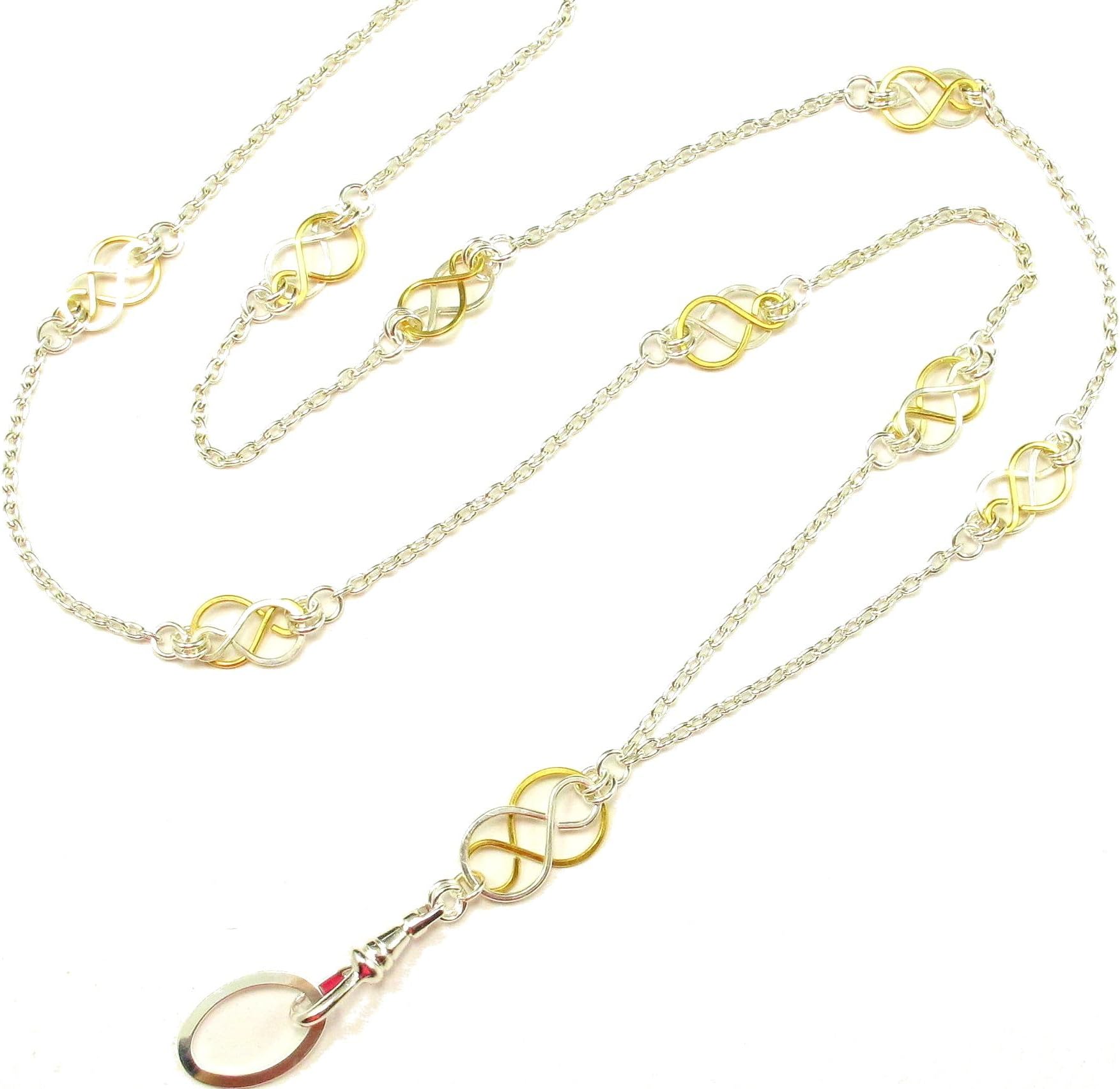 Silver and Gold Plated Women's Fashion Lanyard Necklace ID Badge Holder, 32 Inch Silver Chain with Multiple Two Tone, Celtic Knots & Rear Lobster Clasp