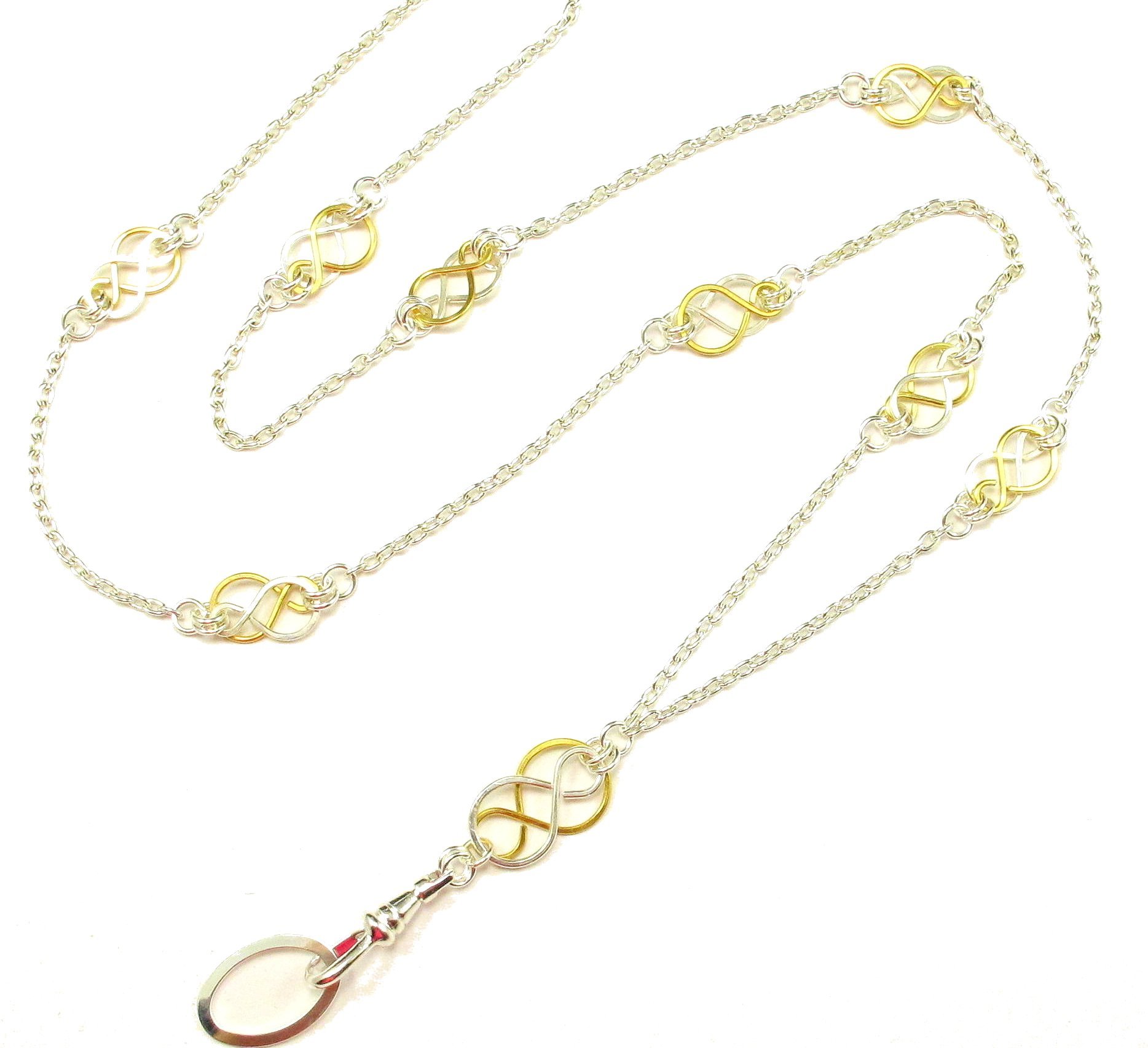 Silver and Gold Plated Women's Fashion Lanyard Necklace ID Badge Holder, 32 Inch Silver Chain with Multiple Two Tone, Celtic Knots & Rear Lobster Clasp