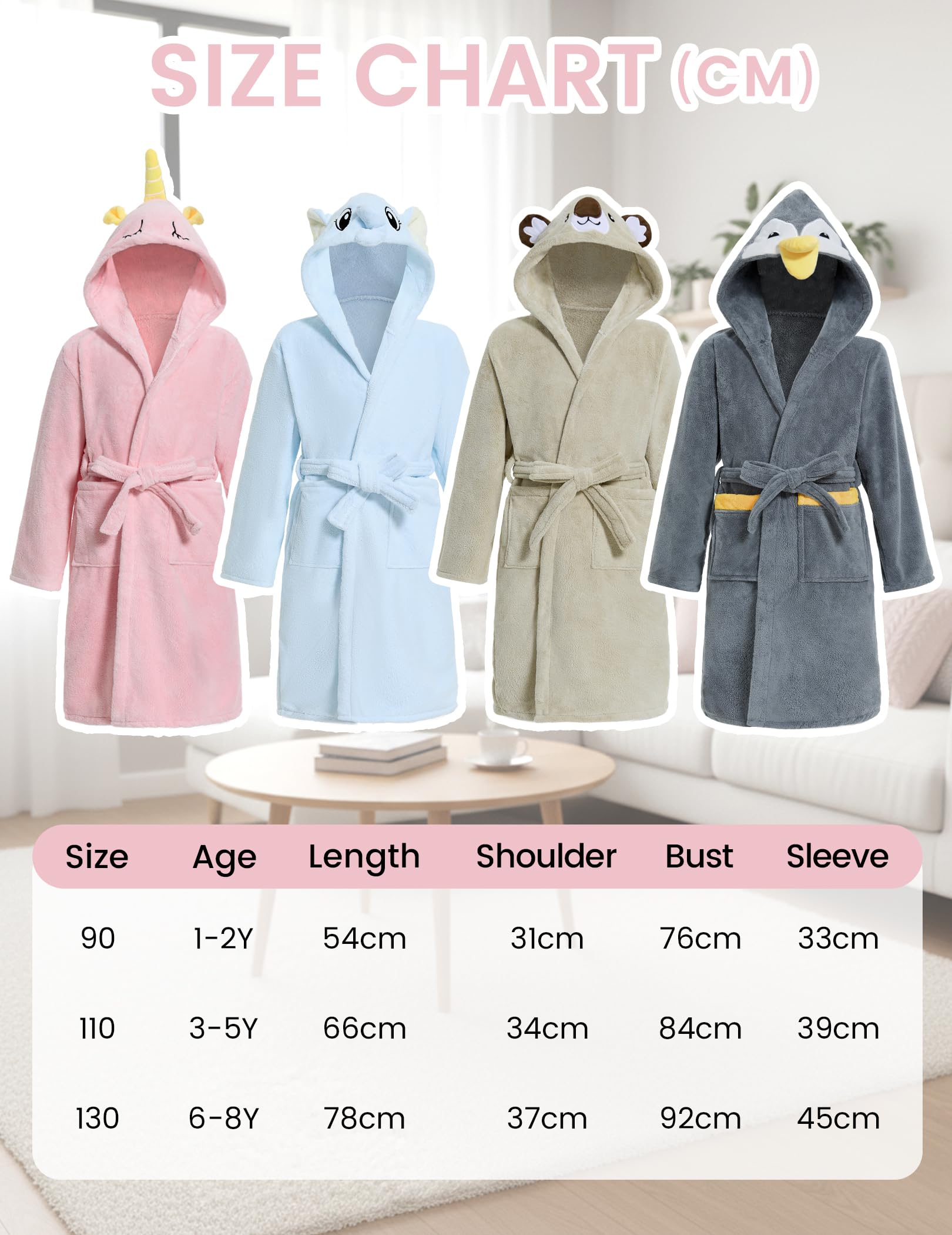 JiAmy Peignoir pour enfant avec capuche animale, en flanelle et taille réglable, pour garçons et filles de 1 à 8 ans