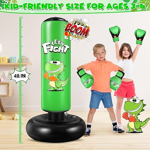 Miniatura 5 de Saco de boxeo inflable, saco de boxeo de 48 pulgadas para niños con guantes de boxeo, juego de boxeo estable para karate, taekwondo, juguete de