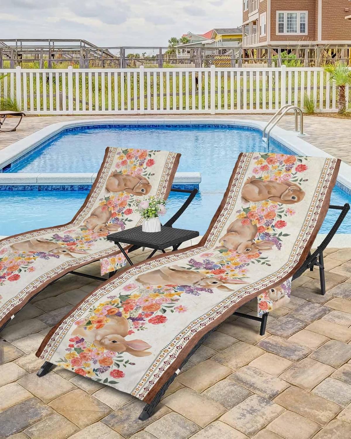 Southwest Easter Beach Pool Patio Lounge Chaise Chair Cover Towel With Pockets,Absorbent & Quick Dry Microfiber Towel Cover Bag Summer Accessories for Sunbathing Spring Plants Wild Flowers Rabbit Eggs