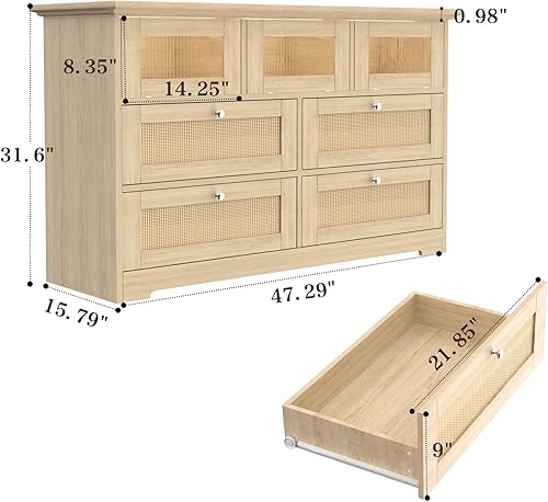 Miniatura 2 de Yeyawomy Cómoda de 7 cajones para dormitorio, cómoda de ratán con luz LED y estación de carga, cómodas y cómodas, cómoda larga de madera para