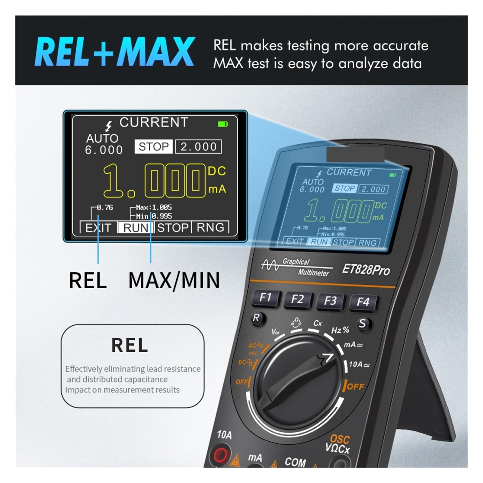 Osciloscopio Digital Osciloscopio portátil ET828Pro de 10MHz, Herramienta Prueba multímetro True RMS 6000 Cuentas