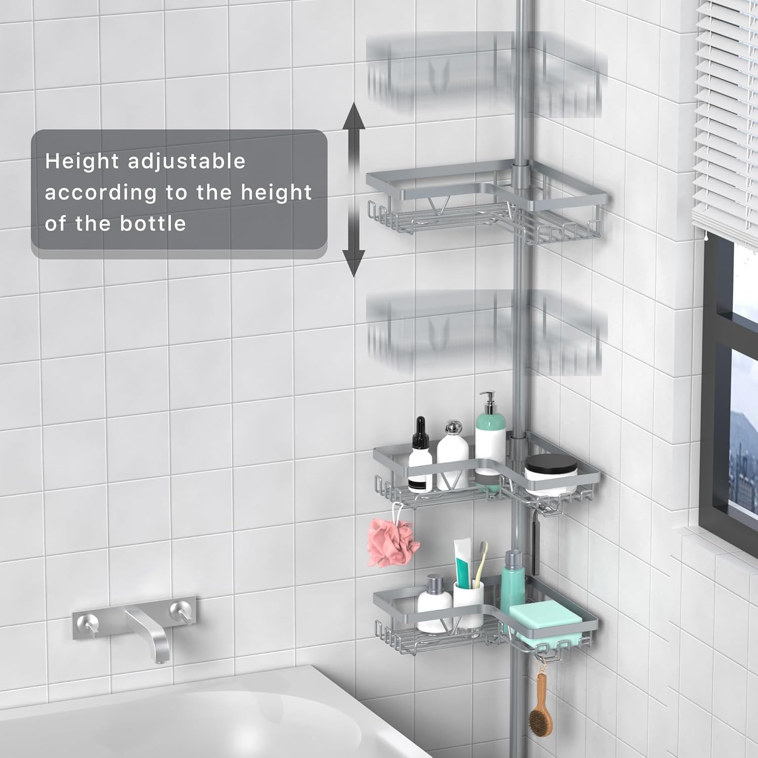 KEGII 4-Tier Corner Shower Caddy Tension Pole - Adjustable Shower Tension Rod Organizer, Floor to Ceiling Shower Caddy 25-114.2 inch, Shower Towel Rack Corner Waterproof, Light Gray