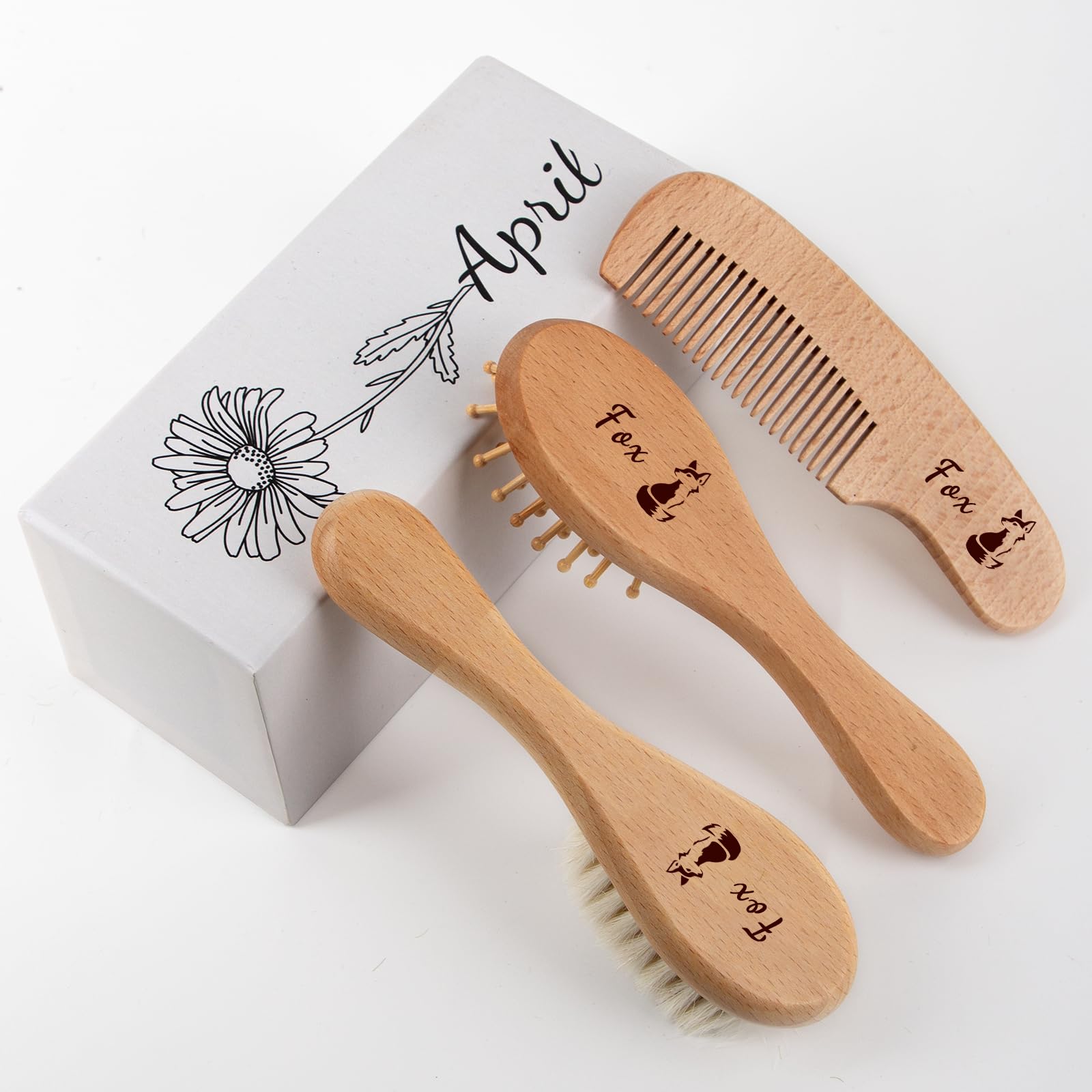 Personalized Baby Hair Brush & Comb Set with Soft Goat Bristles,Custom Laser Engraved Name,Newborn Grooming Kit with Birth Flower Gift Box (April)