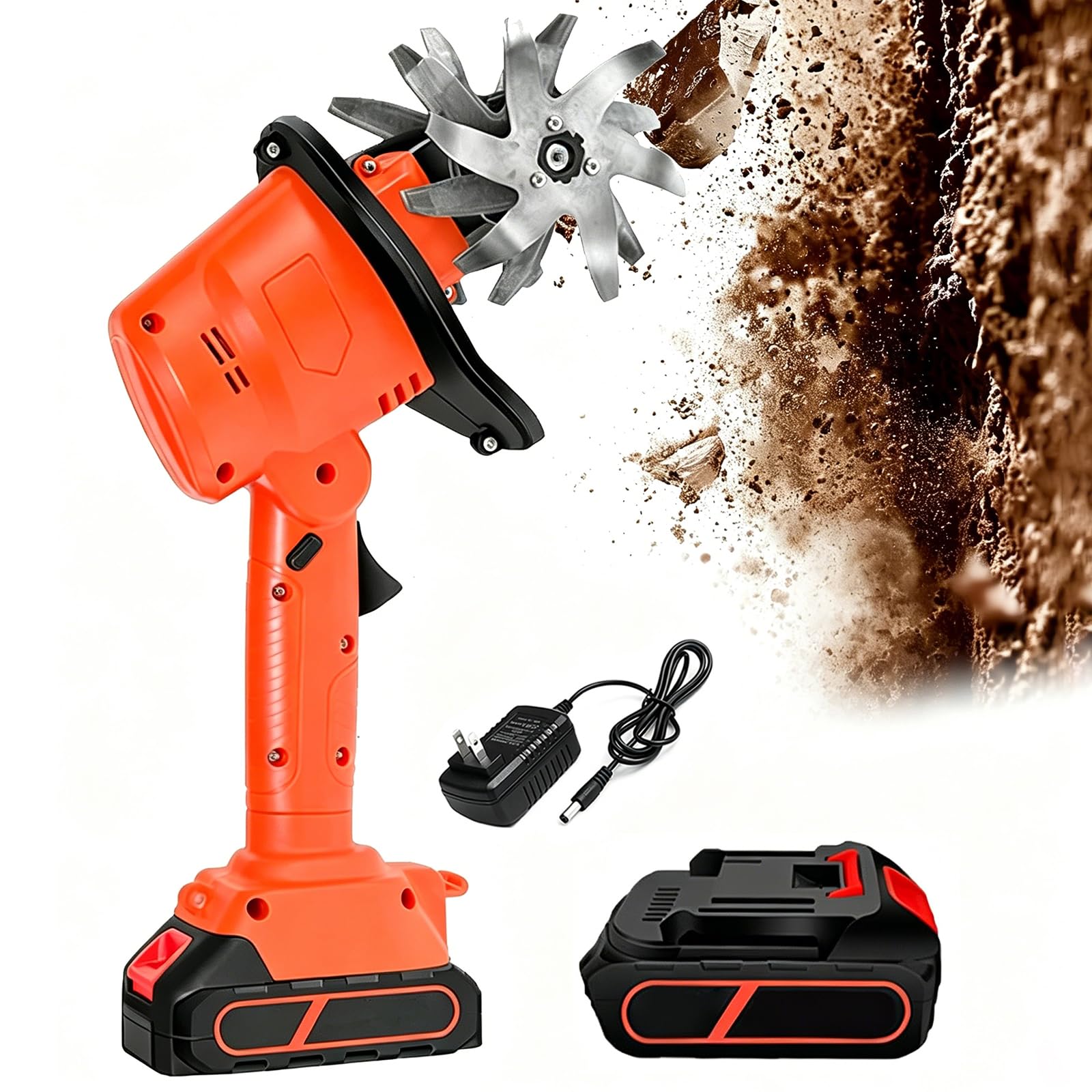 Cultivateur de sol électrique de jardin, motobineuse mini sans fil, 360 tr/min, largeur de labour : 10 cm ; profondeur de labour : 10 cm, double interrupteur de sé Mini tiller + 1 battery + 1 charger