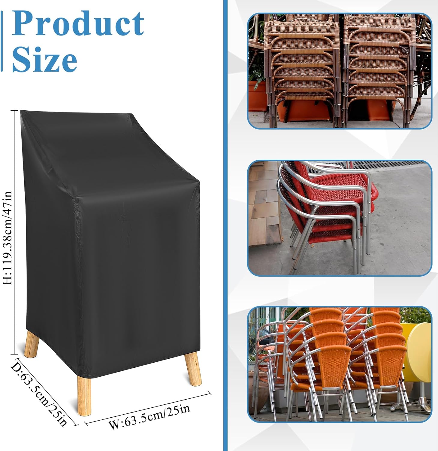 SHENLIU Chair Covers for Outdoor Waterproof 2 Pack, Lawn Chair Covers Heavy Duty Oxford Cloth High Back Patio Cover, Large Cover Fits 4-6 Stackable Dining Chairs, 25"W x 25"D x 47"H, Black - Image 2