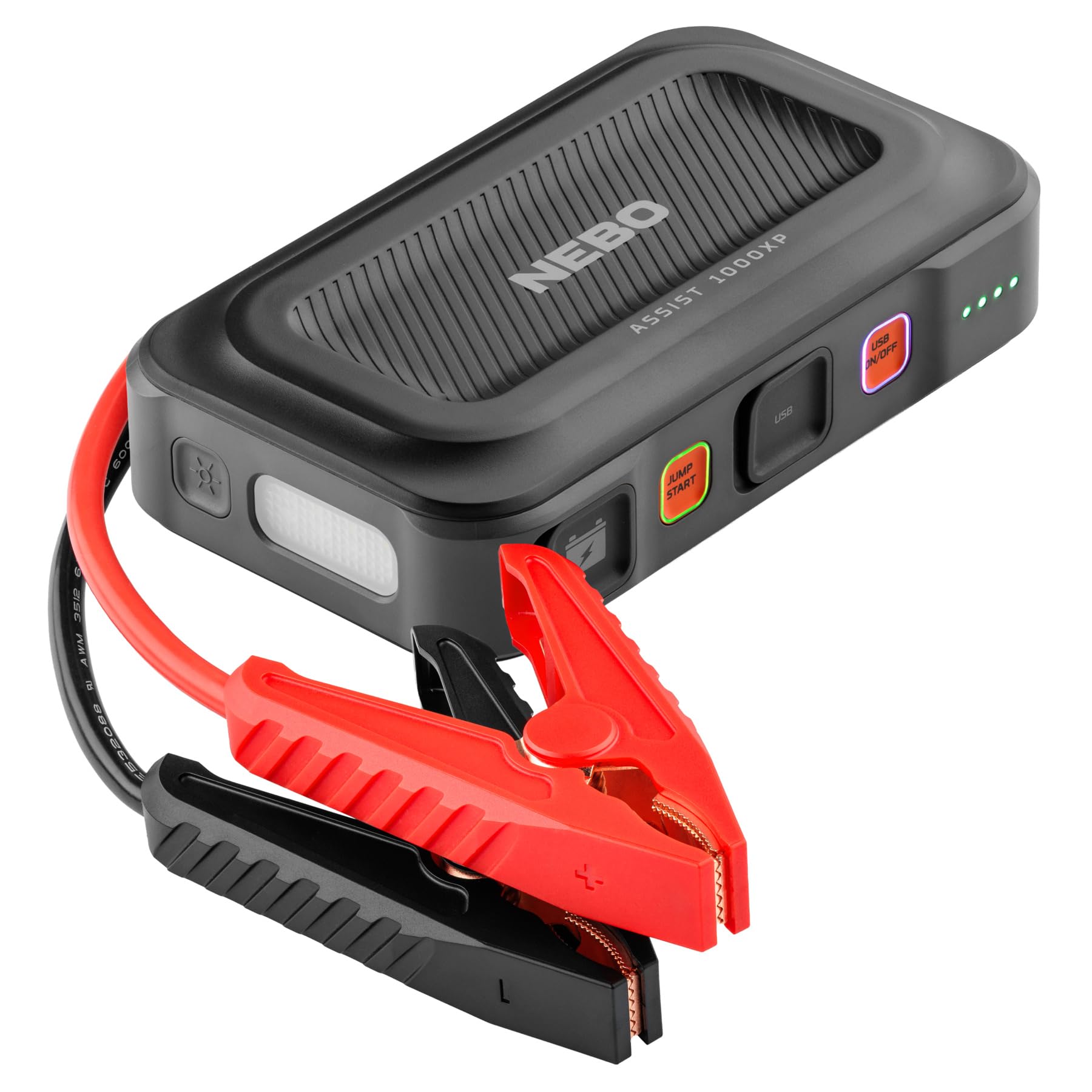NEBO ASSIST 1000XP Arrancador 3 en 1 – Amplificador de batería portátil de coche de 1000 amperios, banco de energía USB y reflector de emergencia, recargable por USB‑C, IP65