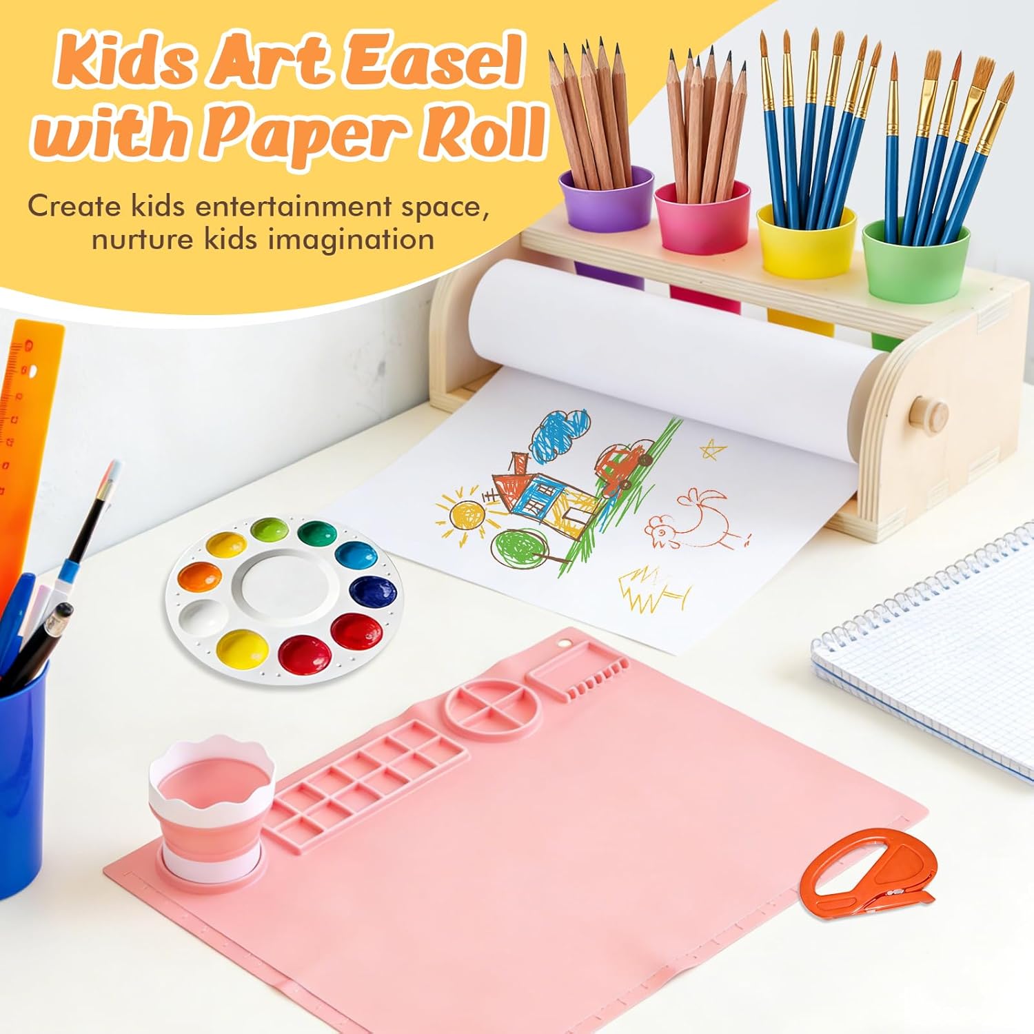 Kids Art Easel with Paper Roll, Wooden Tabletop Paper Roll Dispenser Desktop Easel for Kids, Art Drawing Set with Pink Silicone Painting Mat, Cups, Palette & Brushes, Puzzle