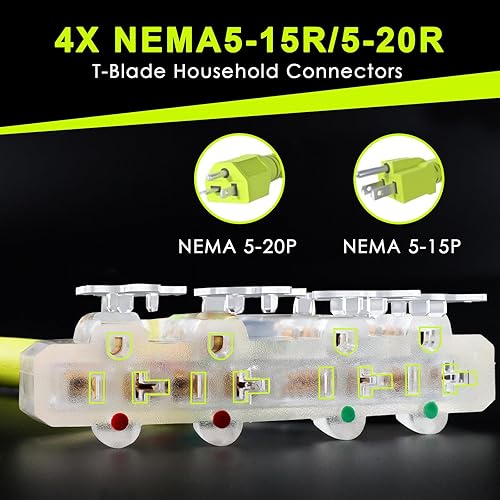 Vista 24 de Cable adaptador RV de 30 amperios a 110, adaptador de 30 amperios a 20 amperios, NEMA TT-30P macho a 3X 5-15R/5-20R T-Blade enchufe doméstico hembra