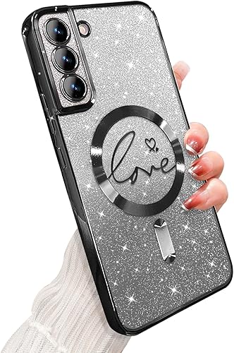 Funda magnética para Samsung Galaxy S21, para mujeres y niñas, suave, linda, de lujo, chapado en corazón, brillante, brillante, transparente,