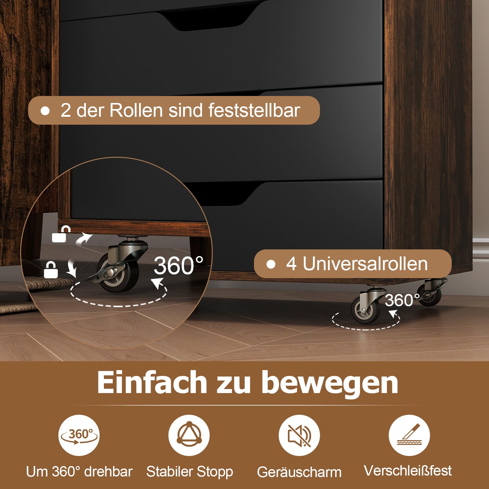 Mobiele archiefkast met 3 laden, metaal, met wielen, anti-kantel, zwart