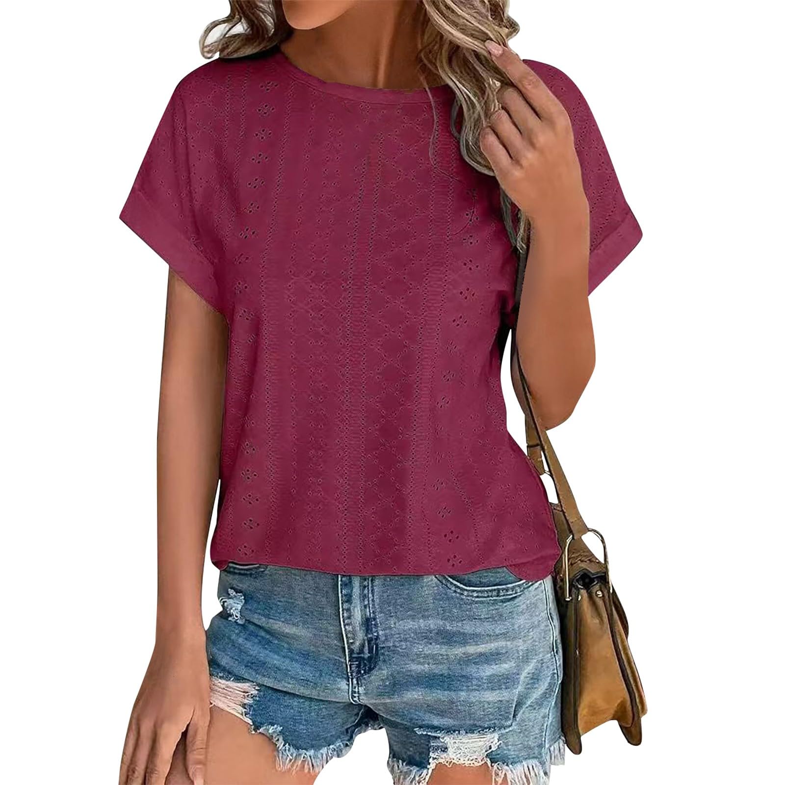Tshirt Damen Sommer Elegant 2025 Modern Lochstickerei Top Rundhalsausschnitt Kurzarm Oberteile Lässige Tunika Blusen