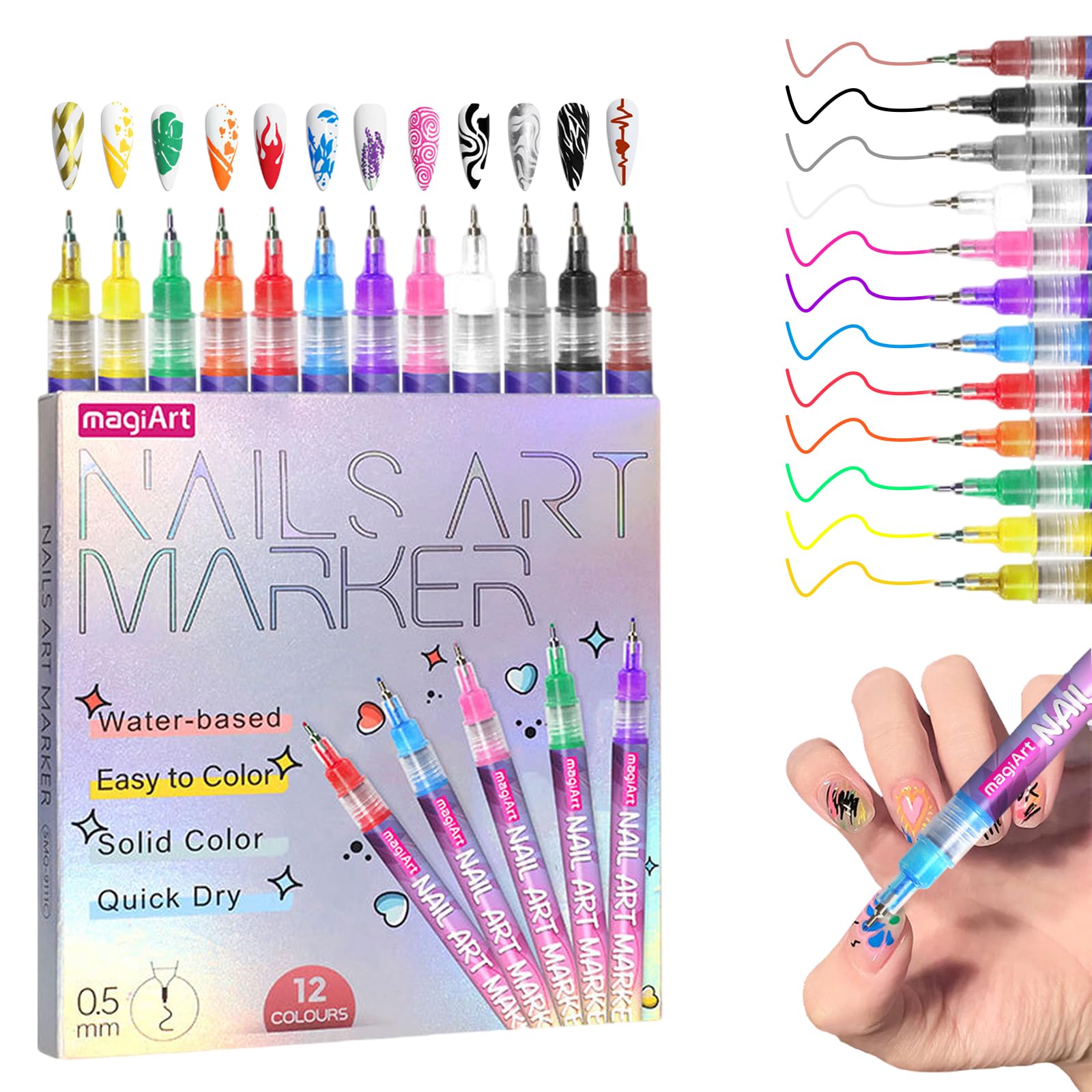 Photo 1 of 12 Colors Nail Art Pens Set, Nail Polish Marker with 0.5mm Fine Tip, 3D Nail Polish Pens Graffiti Dotting Liner Pen, Quick Dry & Water-Based DIY Nail Design Pens for Beginners & Professionals