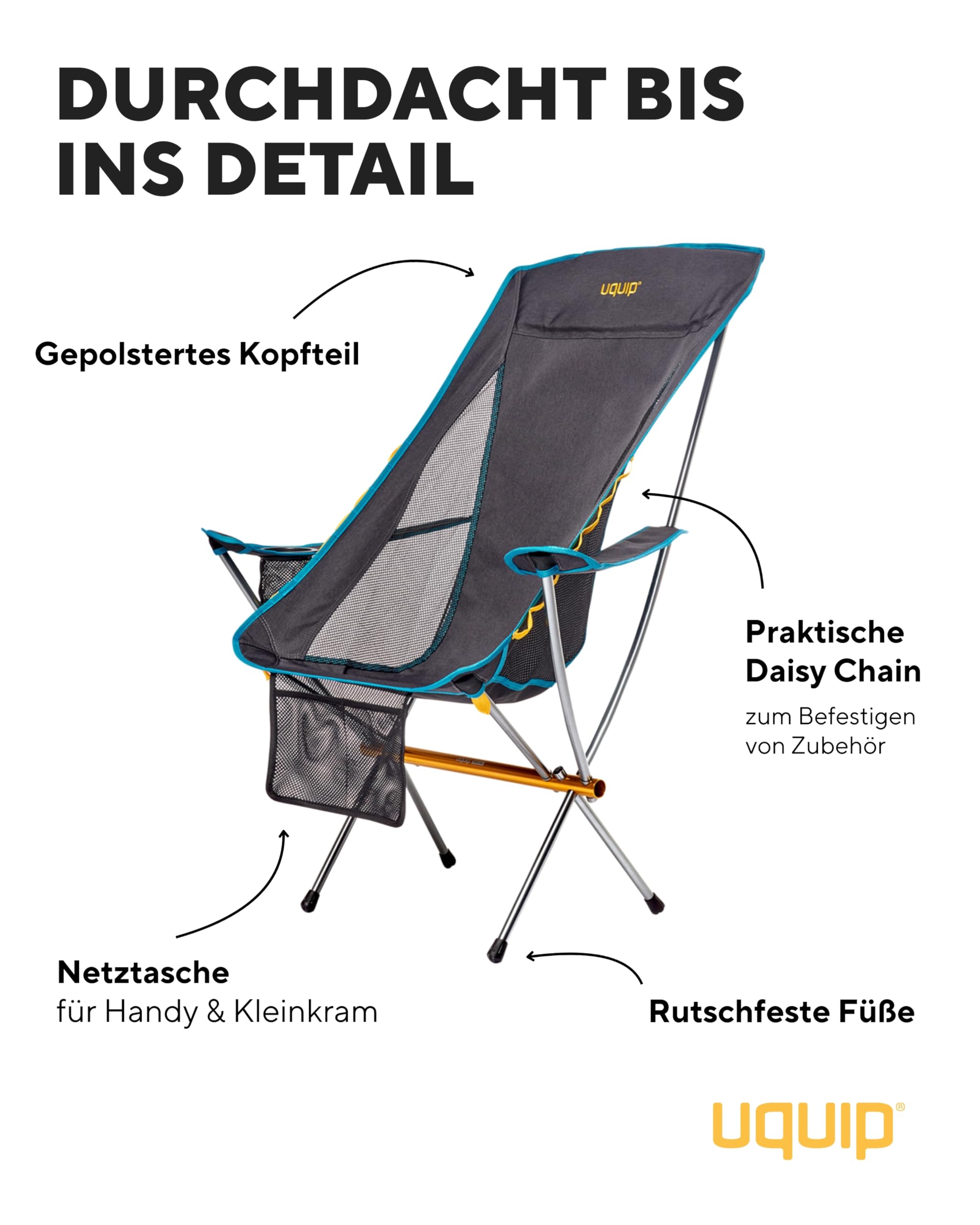 Uquip Campingstuhl Infinity Lounger I Leichter Faltbarer Klappstuhl mit 120 kg Traglast I kompakter Faltstuhl aus Aluminium I tragbarer Outdoor-Stuhl für Camping, Wandern, Radtouren & Festivals