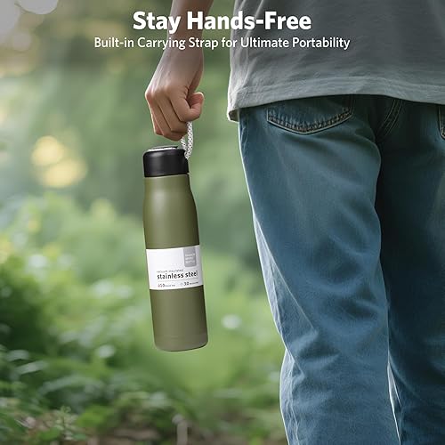 Miniatura 5 de Botella de agua pequeña, botella de agua aislada de acero inoxidable, tapa portátil de boca ancha, 17 onzas, verde militar