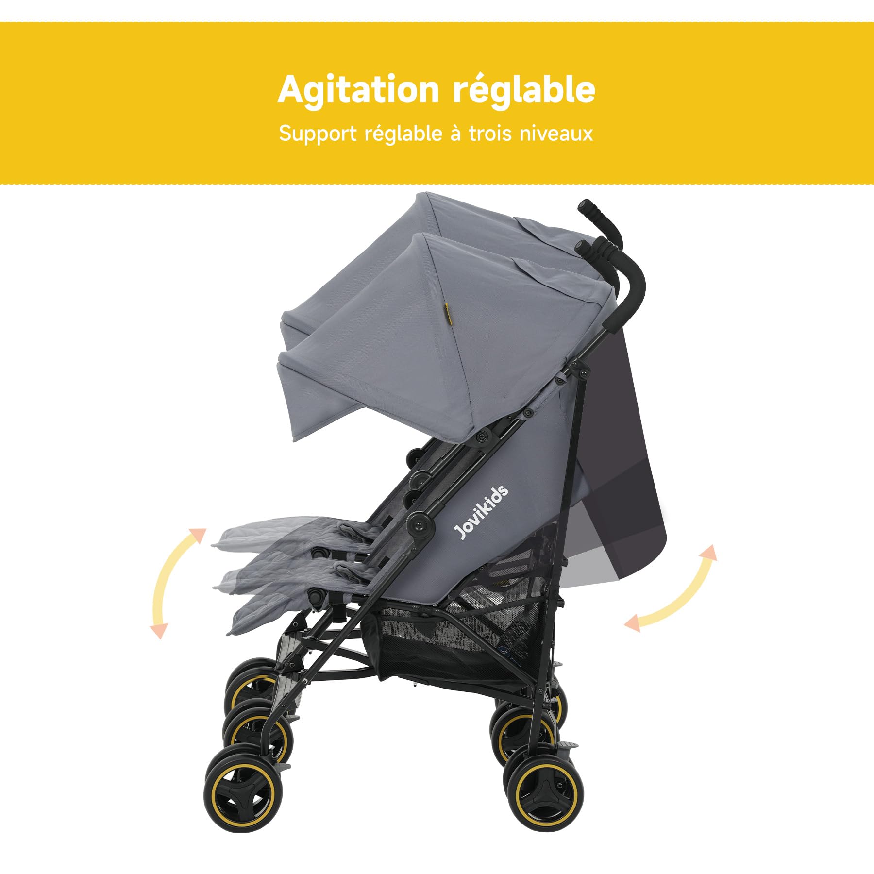 Jovikids Poussette double avec fonction allongée, pliable, avec pare-soleil, capote de pluie et porte-gobelet