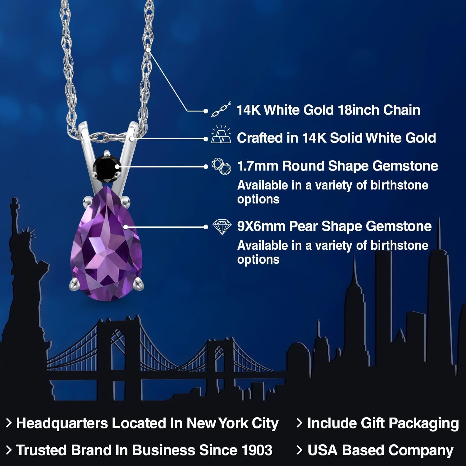 Gem Stone King 14K White Gold Purple Amethyst and Black Diamond Pendant Necklace for Women | 1.12 Cttw | Gemstone February Birthstone | Pear Shape 9X6MM | With 18 Inch Chain - Image 2