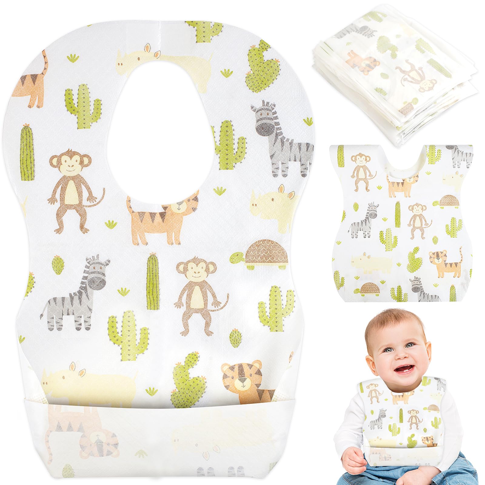 Vaktop Einweg Lätzchen, 30 Stück Lätzchen Baby, Wasserdicht Reiselätzchen mit Food Catcher Tasche für Babys Kleinkinder, Jungen und Mädchen Reisen Outdoor-Einsatz (Tier)