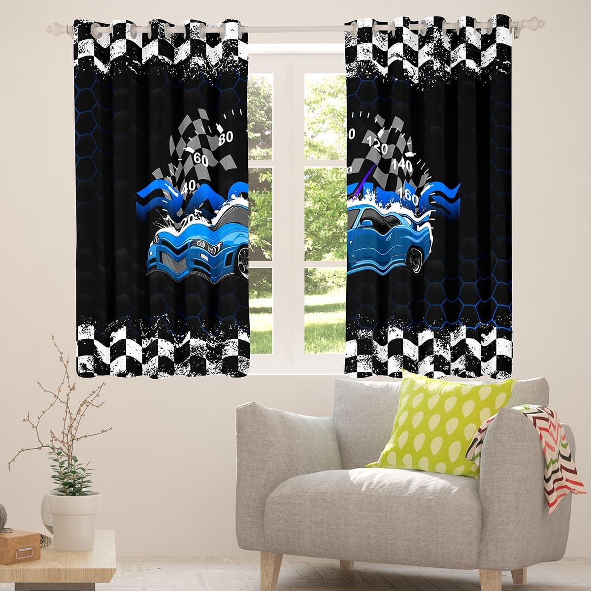 Feelyou Blue Race Car Window Drapes Treatments Sports Car Curtains for Kids Boys Girls Extreme Sport Games Window Drapes Vehicle Racer Window Treatments, 52W X 90L,2 Panels