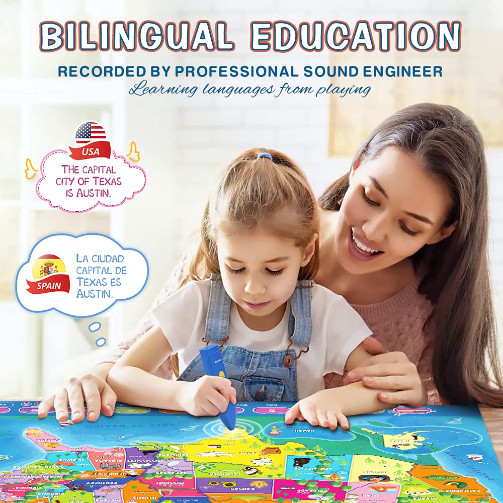 Qiaojoy Interactive Kids Map Bilingual United States Map for Kids