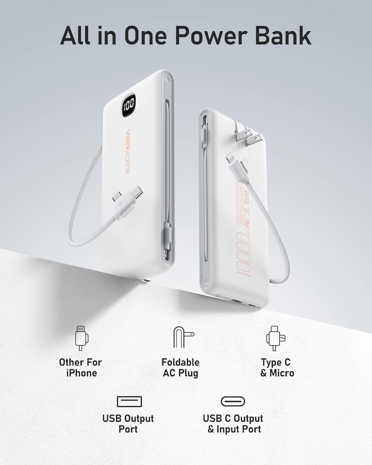 VEEKTOMX Portable Charger with Built in Cables 10000mAh, Power Bank for iPhone with AC Wall Plug, Fast Charging USB C Slim Battery Pack with LED Display Compatible with iPhone 17/16/15/14, Samsung - Image 2