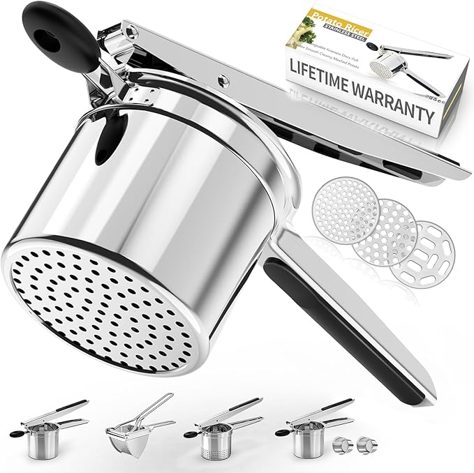 Potato Ricer, Ricer for Mashed Potatoes, 3 Interchangeable Discs Potato Masher Stainless Steel for Fluffy Mashed Potatoes, Heavy Duty Spaetzle Maker with Silicone Handle, for Gnocchi Spaghetti