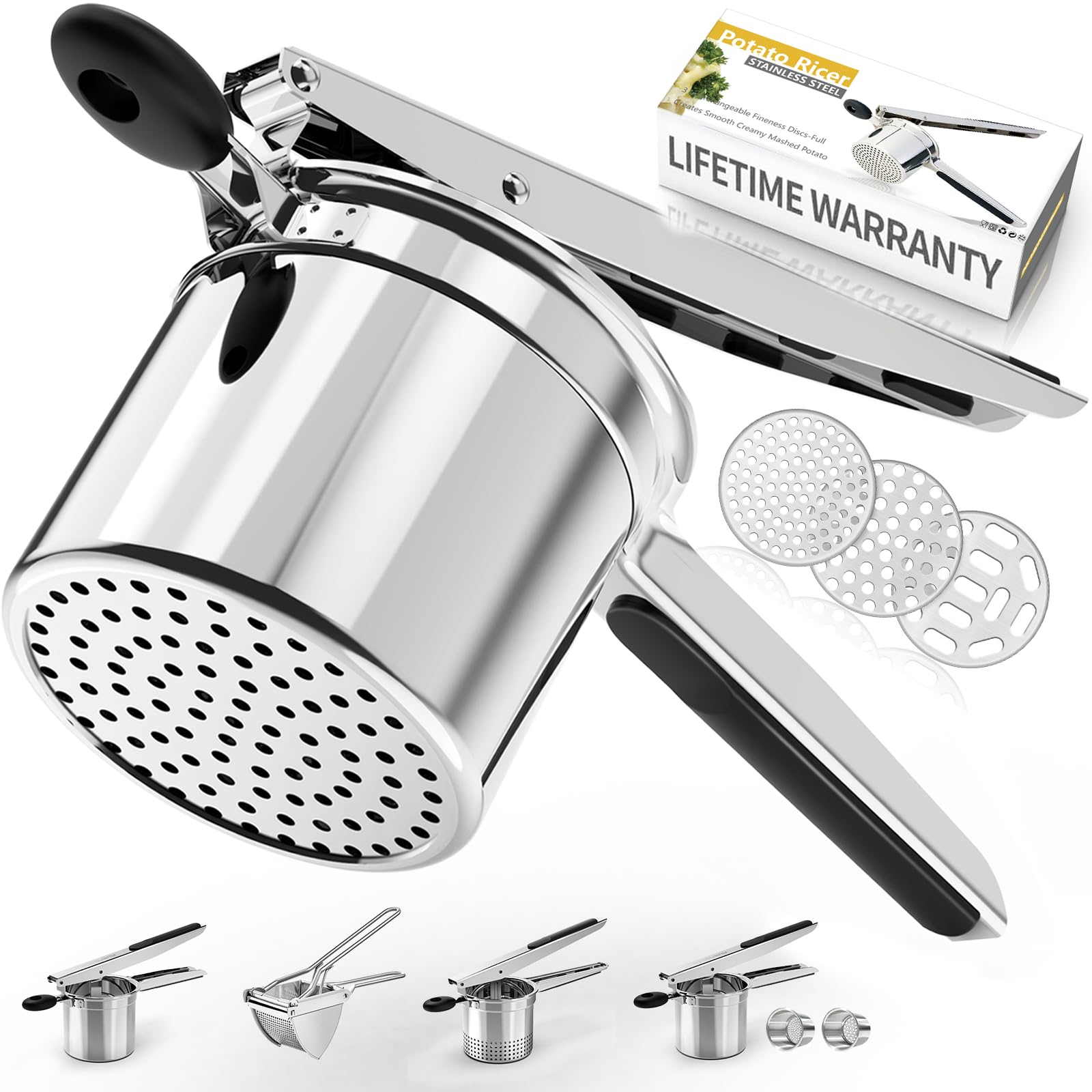 Schiacciapatate,Spremispaetzle,Schiacciapatate in Acciaio Inox,Pressa Per Spaghetti Per Gelato Con Manico Antiscivolo in Silicone,Insieme a 3 Setacci Spaetzle Intercambiabili