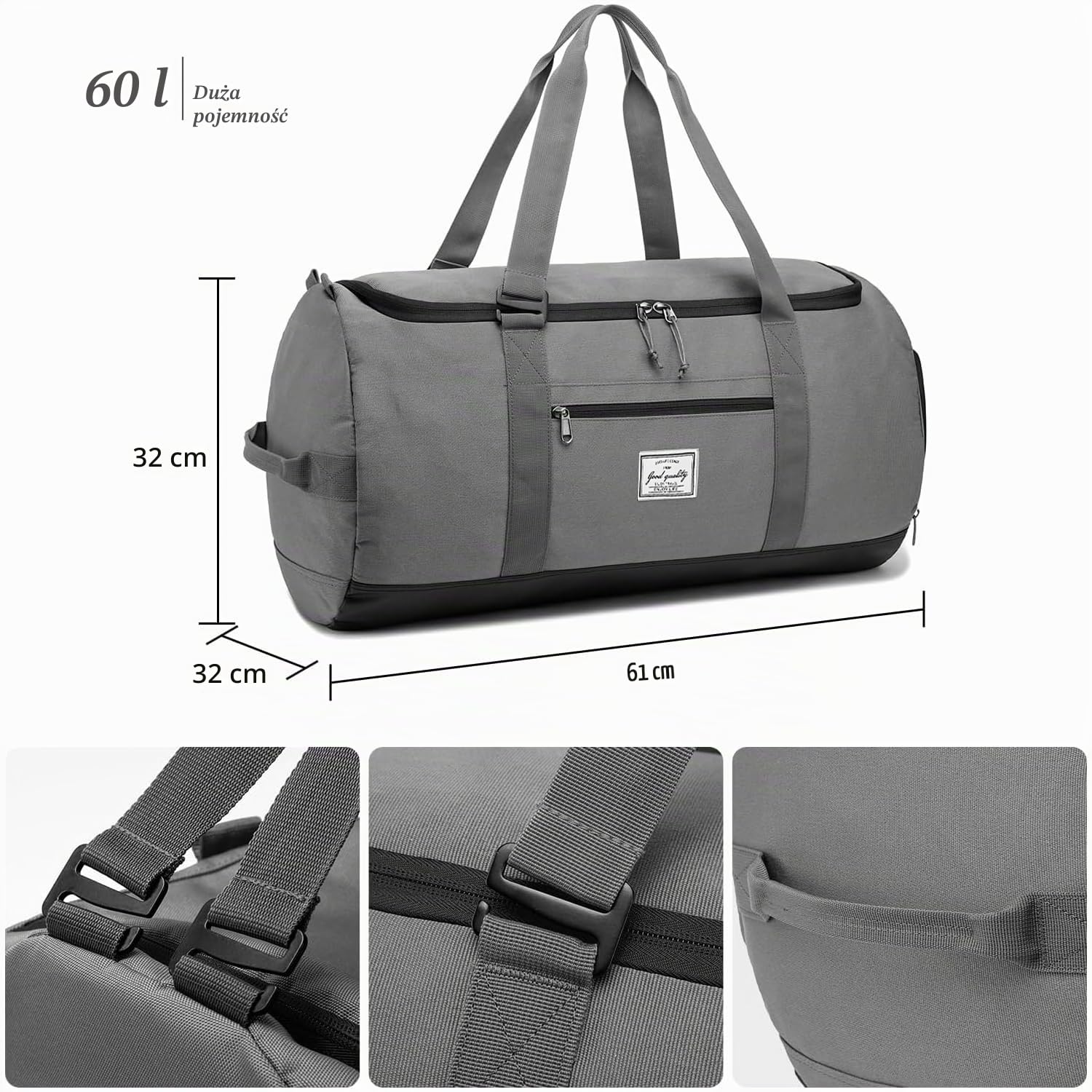 Torba sportowa, męska, duża, 60 l, torba podróżna, plecak z kieszenią na buty, torba treningowa, damska torba fitness, szary, 60L, Sport, podróże, fitness, siłownia