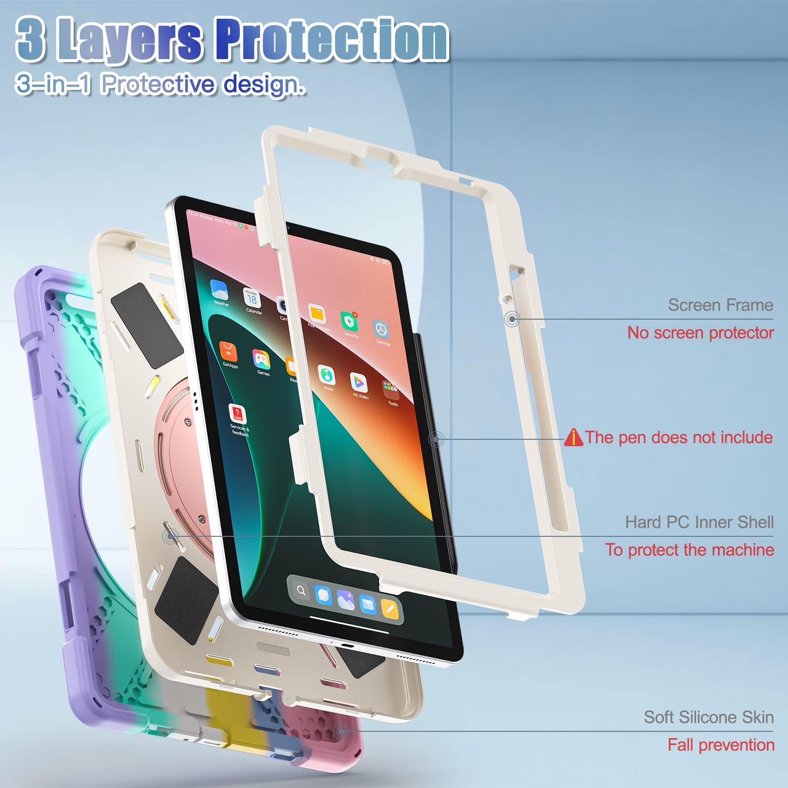 Podróż na tablecie Odporny na wstrząsy ciężki TPU Obudowa dla Xiaomi Mi Pad 5/MIPAD 5 Pro 11-calowa 2021, Obrotowy uchwyt ramię, ochronną osłonę odporną wstrząs uderzenie(COLOURFUL PINK)