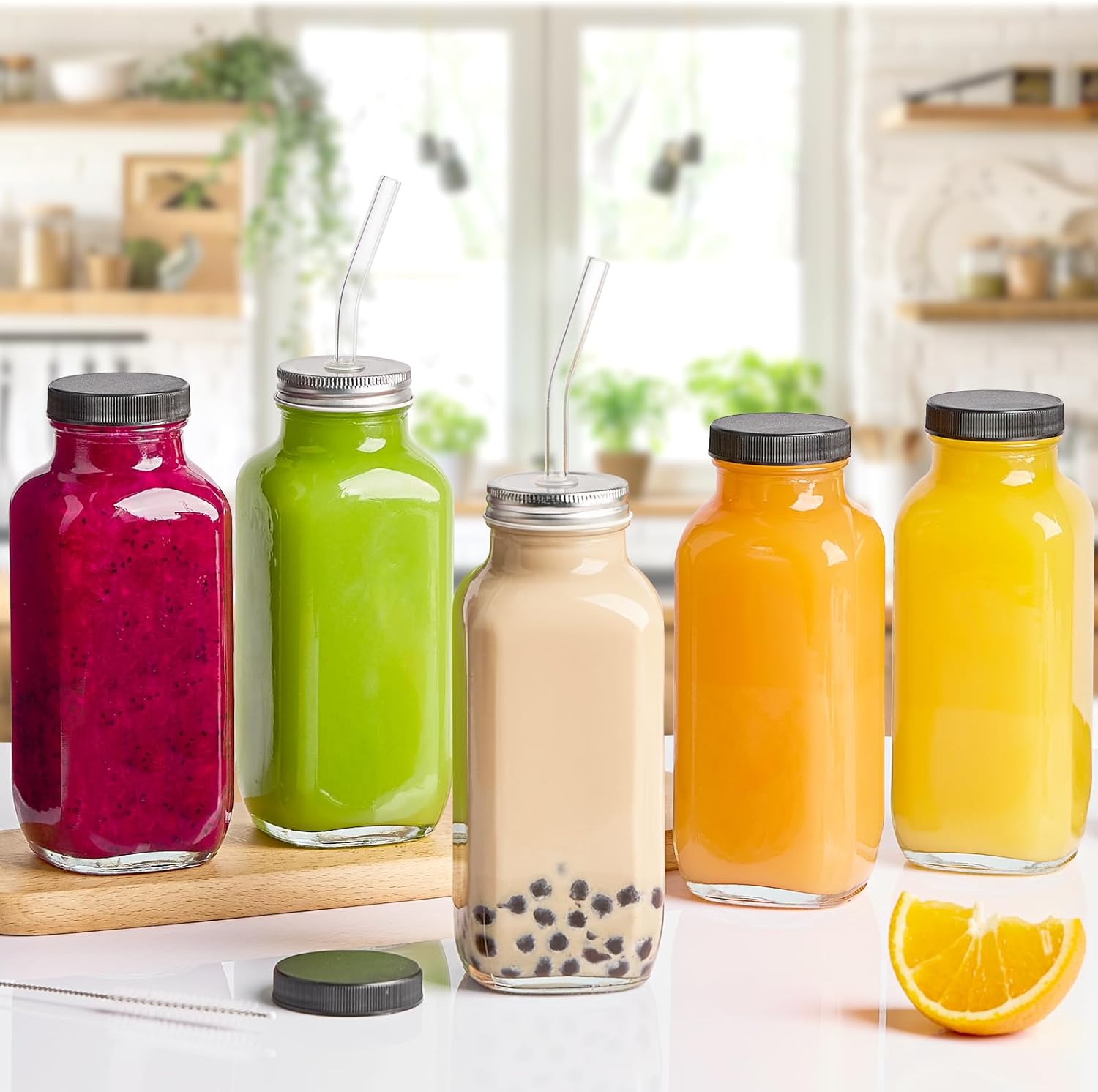 Kucoele 16oz Glass Juice Bottles with Lids, 10 Pack Reusable Smoothie Cups Water Bottles Drinking Jars with Glass Straws, Brush, Lids with Hole - Image 5