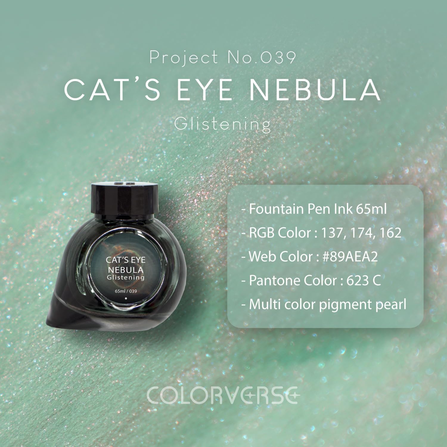 Colorverse Shiny Green Fountain Pen Ink Bottle | Cat's Eye Nebula | 65ml | Dye-Based | Glistening Project Series