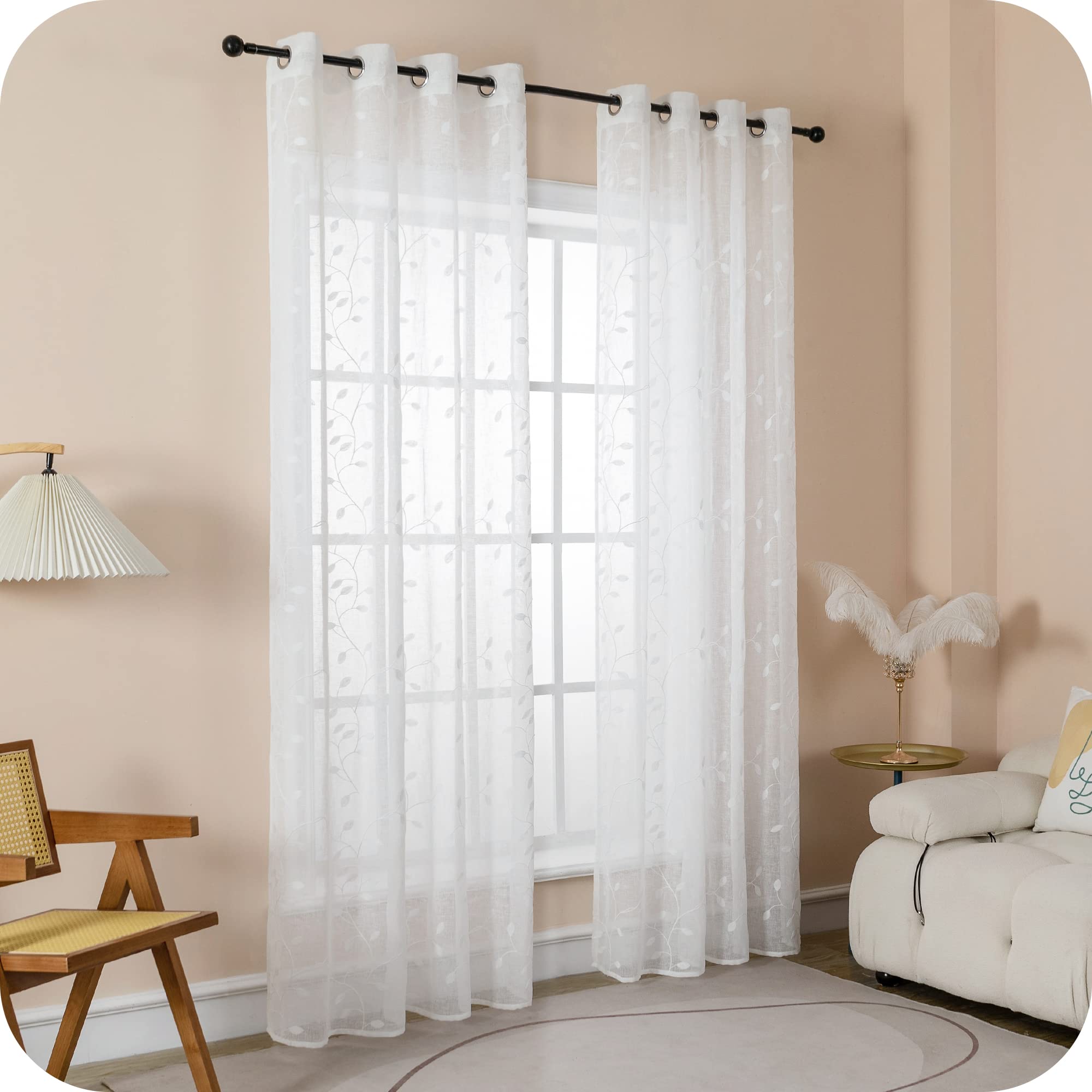 GIRASOLE HOME® Coppia Tende Filtranti in Simil Lino Fantasia Rampicanti Tenda per Interni 2 Pannelli con Occhielli (Bianco, 140x280cm)