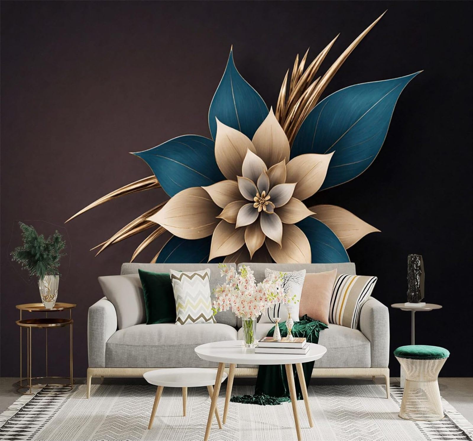 XLMING Minimalist Three Dimensional Elegant Blue and Gold Flowers Petals 3D Wallpaper Silky Texture Home Study Office Grey Dining Room Sofa Bedroom Living Room TV Backdrop-200cm×140cm