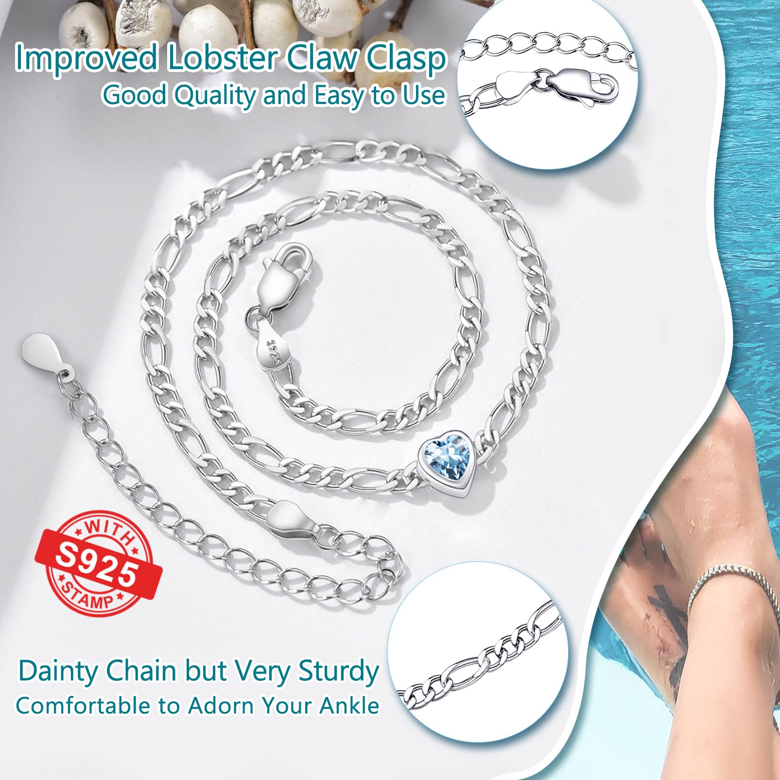 PROSILVER Cavigliera Argento 925 con Cuore Pietra Portafortuna 12 Mesi da Estate Spiaggia con Confezione Regalo 22+5cm Regaolabile
