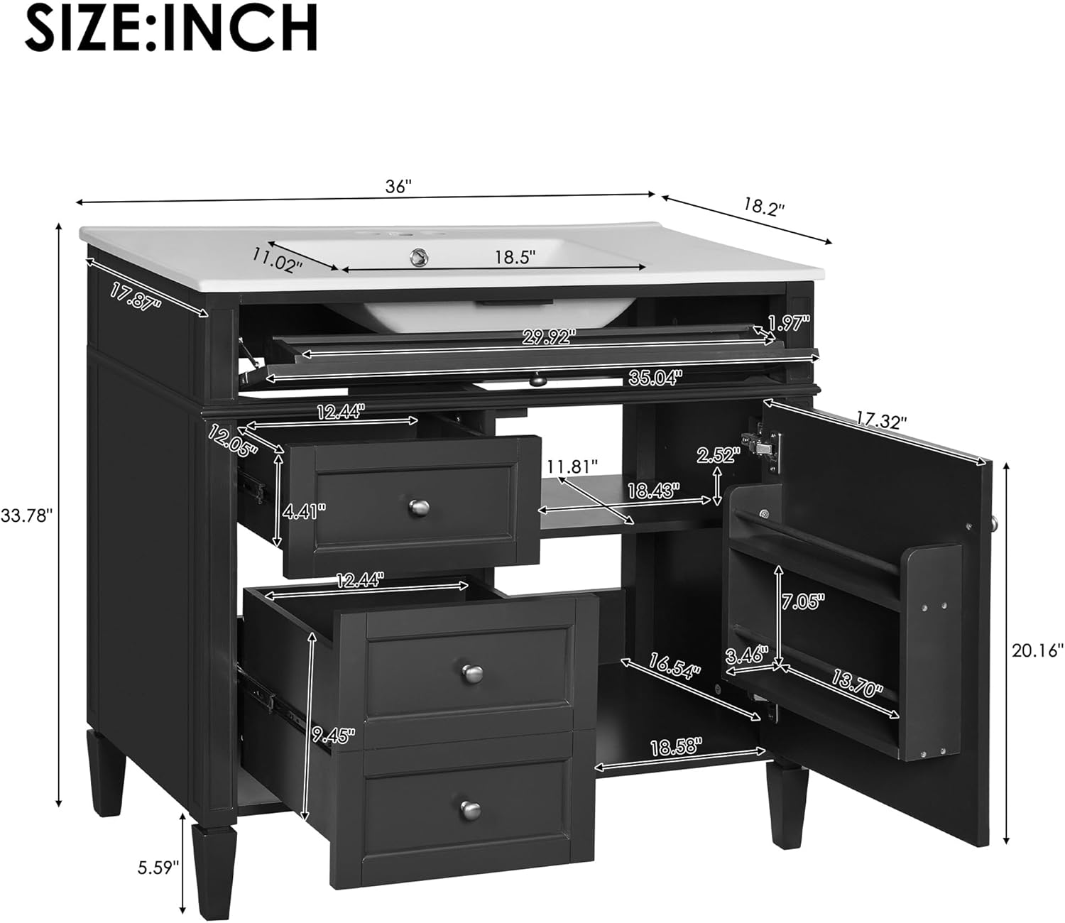 36.6" Bathroom Vanity with Top Sink, Freestanding Bathroom Sink Cabinet with 2 Drawers and a Tip-Out Drawer, Solid Wood Frame Bathroom Storage Cabinet, Modern Style - Black