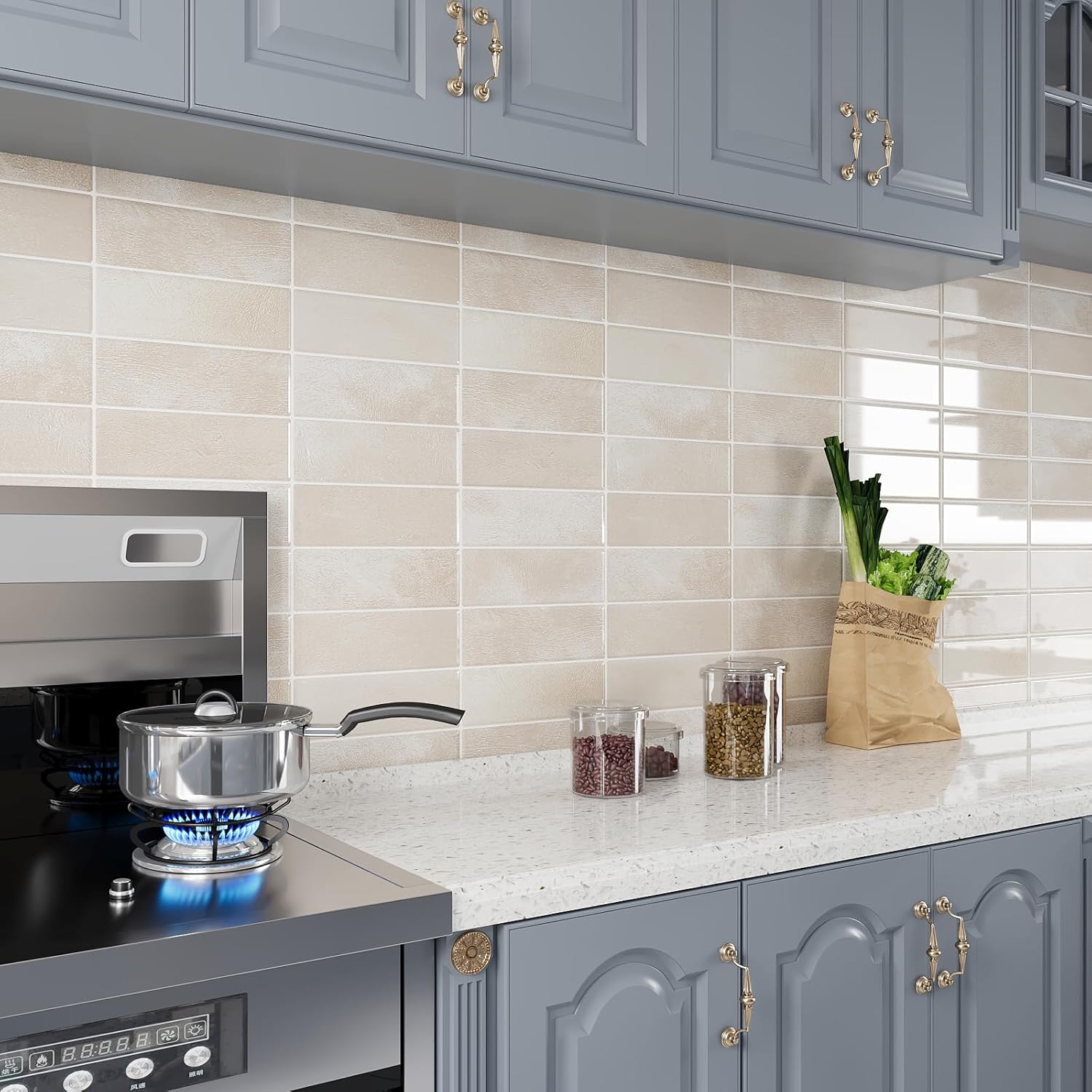 VEELIKE Rectangular Subway Peel and Stick Tile Backsplash Beige Peel and Stick Backsplash for Kitchen 12 Sheets 12''x12'' Self Adhesive Stick on Back Splash Wall Tile Stickers for Bathroom Renters RV