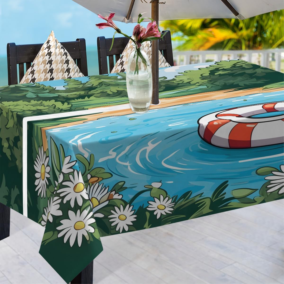 60"x60" Square Tablecloth with Umbrella Hole and Zipper, Oil-Proof Waterproof Summertime Relaxation Outdoor Table Cloth Swimming Ring Patio Table Cover for Picnic Party BBQ