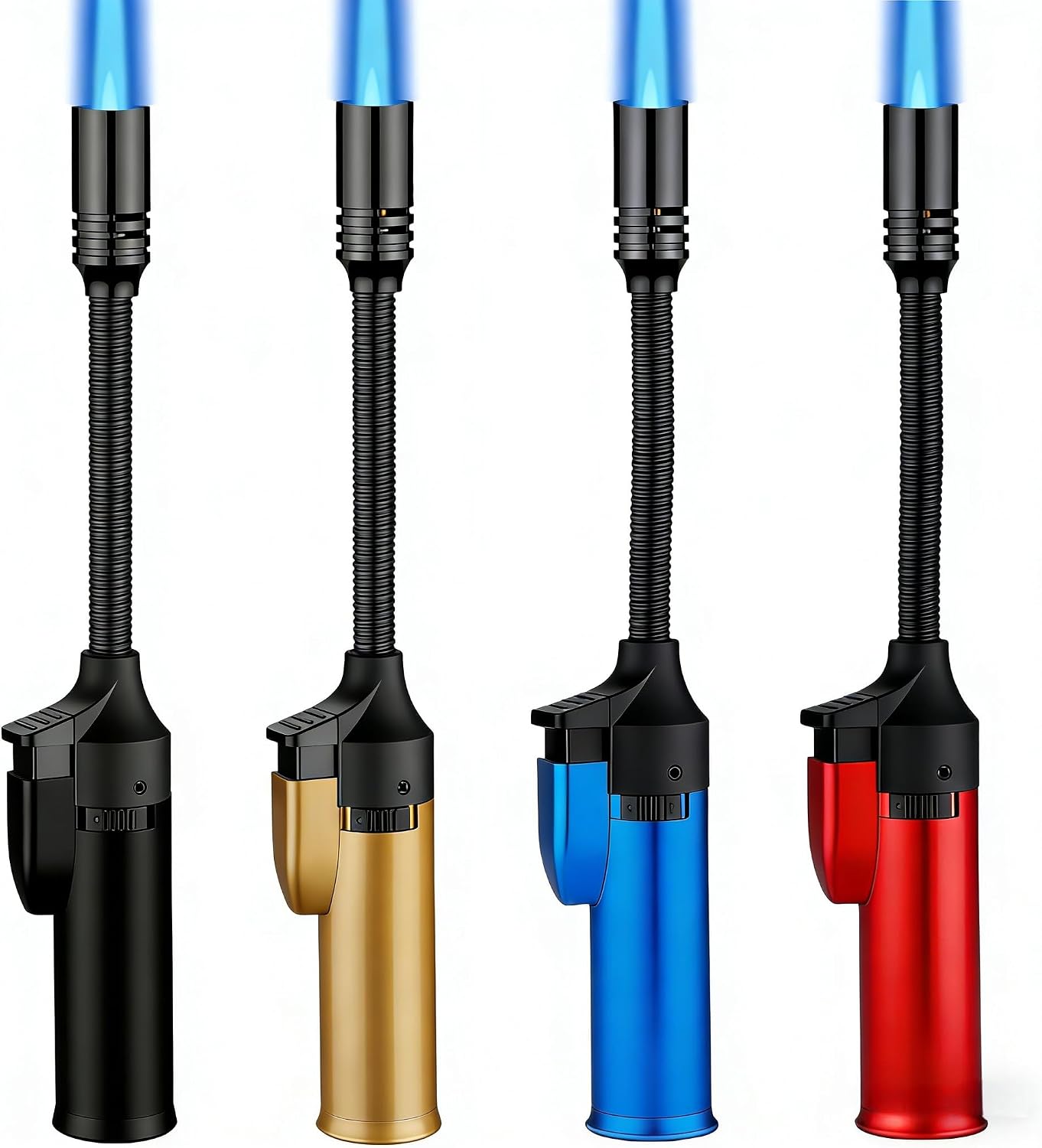 4 Pack Long Butane Torch Lighter with 360° Flexible Neck & Safety Lock, Mini Refillable Windproof Adjustable Jet Flame Butane Gas Lighter for Candle Camping BBQ Grill Fireplace (Fuel Not Included)