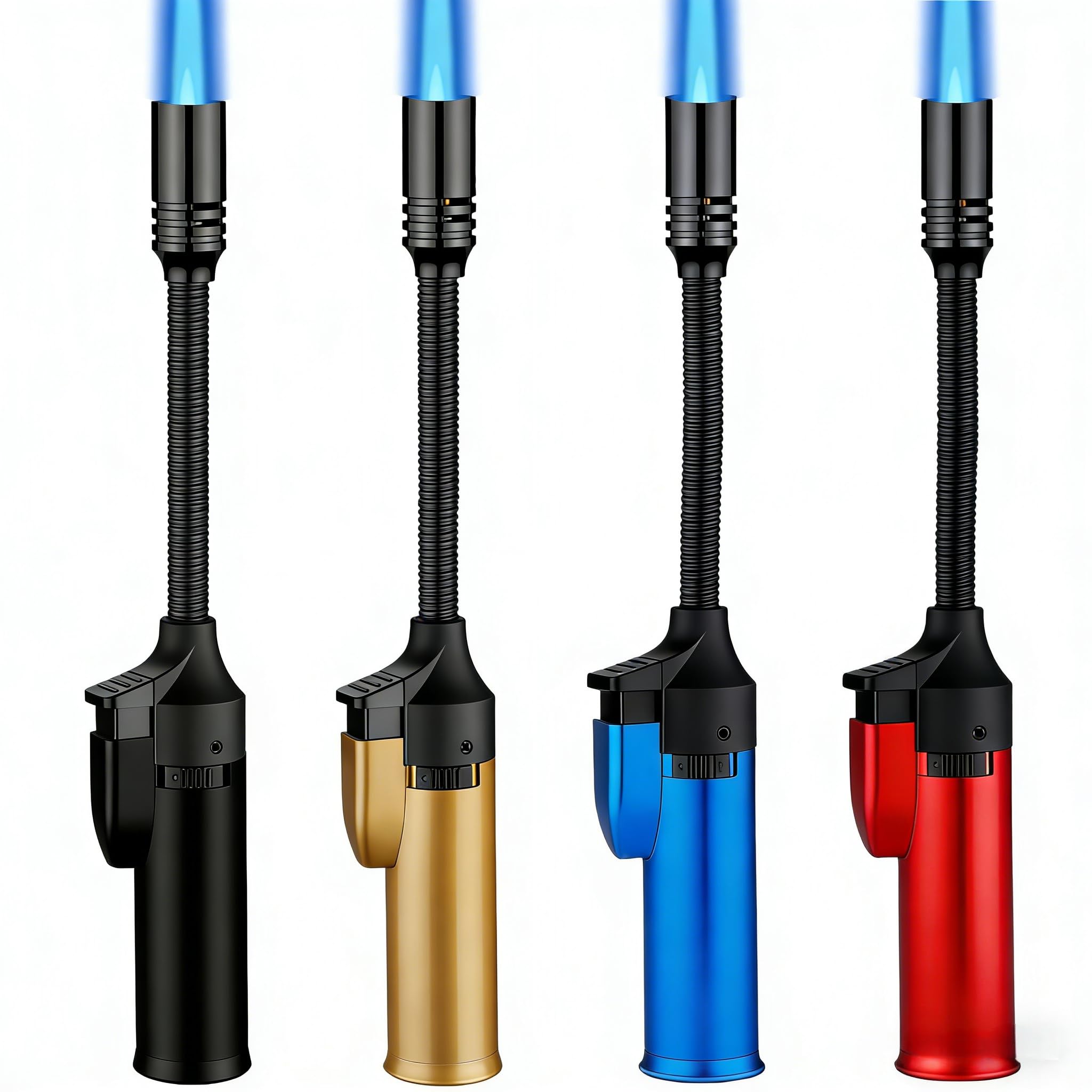 4 Pack Long Butane Torch Lighter with 360 Flexible Neck Safety Lock Mini Refillable Windproof Adjustable Jet Flame