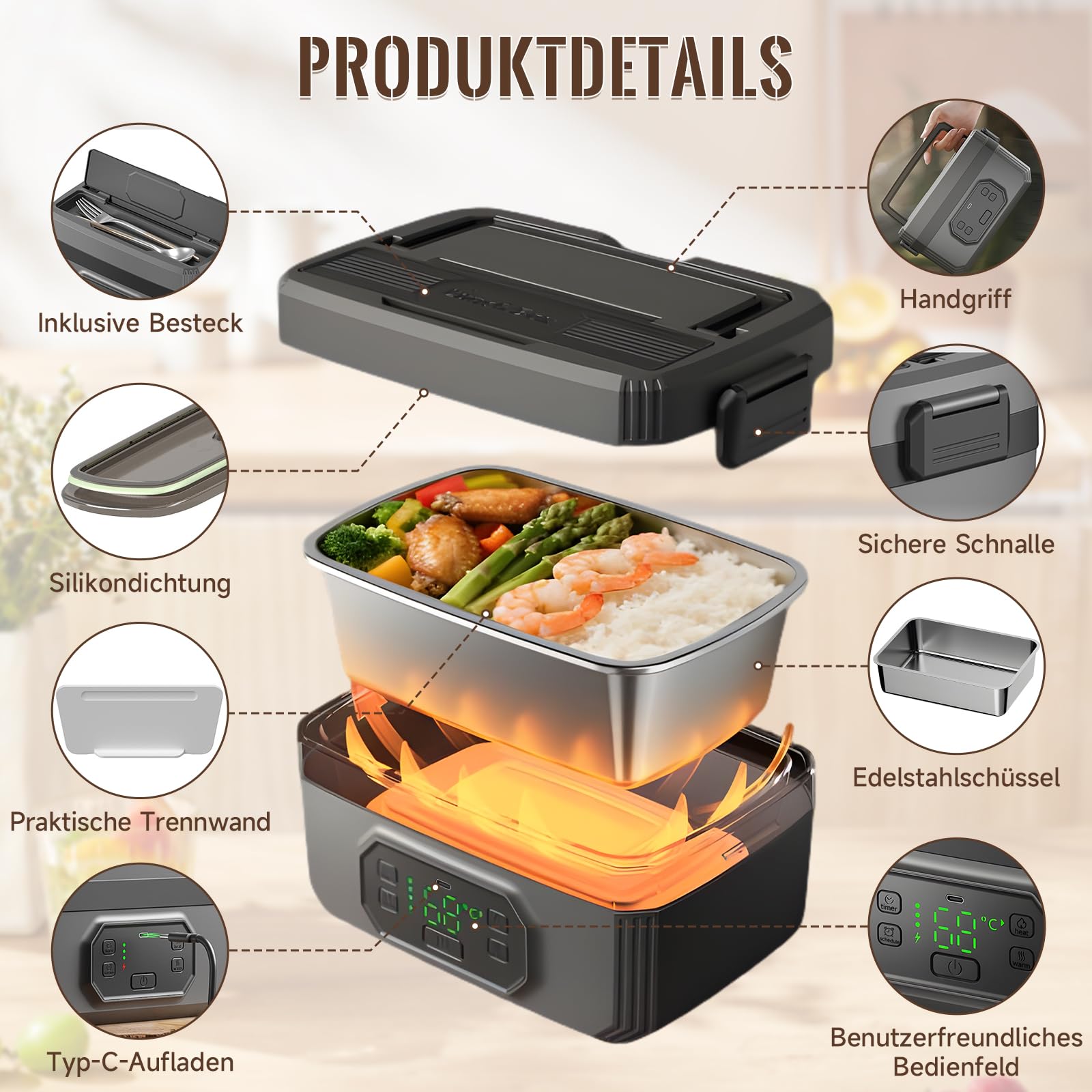 Elektrische Lunchbox 1,6 L 24000 mAh, herausnehmbar 304 Edelstahl-Behälter & Fächer, doppelter Auslaufschutz, Brotdose mit Zeitplanung & Terminfunktion, Typ-C Schnellladung, Isoliertasche Gabel Löffel