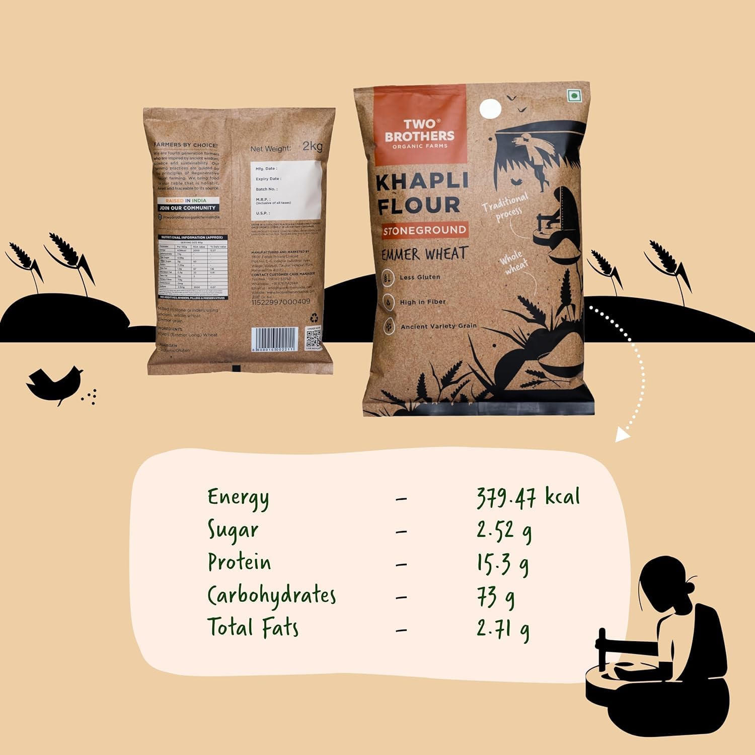 Ancient Grain Khapli Wheat Flour (Emmer Atta) 2 KG | 10,000-Year-Old Heirloom Grain | 50% More Fiber, 50% Less Gluten Than Regular Atta | Low GI for Diabetes & Digestion | Stoneground, GMO-Free, Glyphosate-Free | Two Brothers Organic Farms