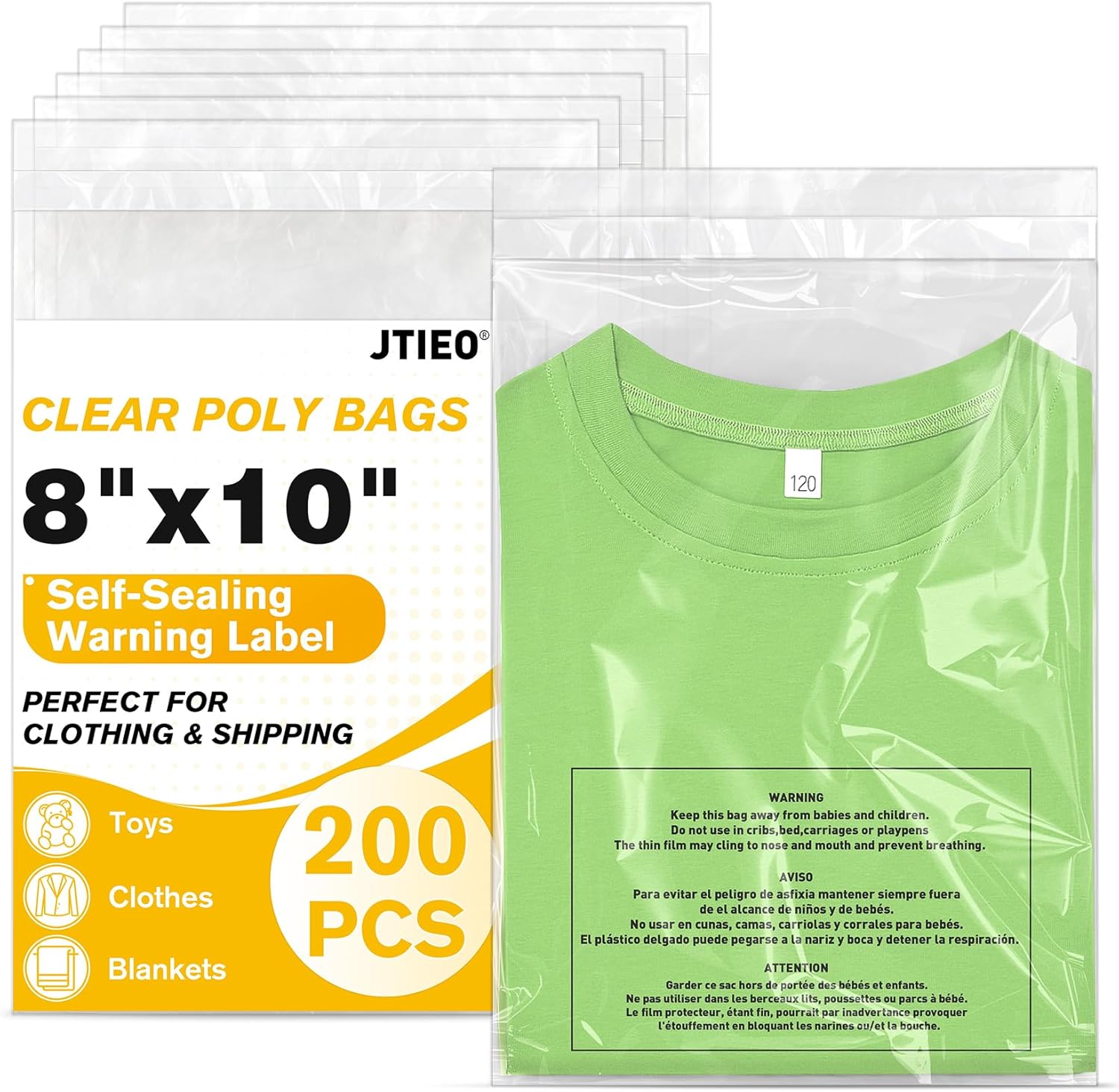 JTIEO Clear Poly Bags 8” X 10” Self-Seal Shipping Bags, with Warning for Packaging, Shirt, Plastic Clothing Bags - 200 Count
