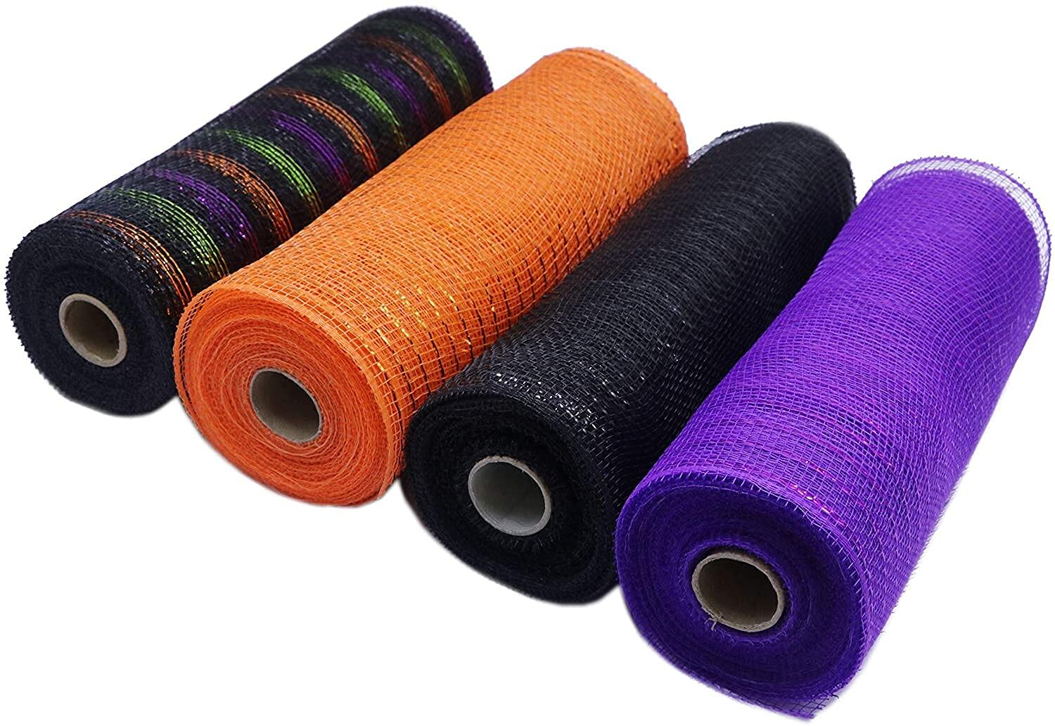4 Rolls Halloween Mesh Ribbon 10 Inches x 10 Yards Purpel,Black,Orange and Stripes Halloween Mesh Rolls Metallic Foil Rolls for DIY Project,Halloween Decoration Wreaths Halloween Ribbon