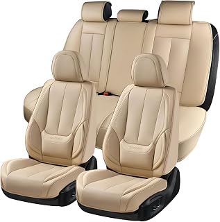 Coverado Beige Nappa Leather Car Seat Covers Full Set - Waterproof Universal Fit Protector for Most Cars, SUVs, Trucks