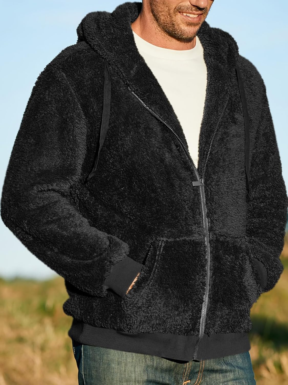 Karlywindow Men's Fuzzy Sherpa Athletic Hoodie Heavyweight Fleece Jacket Zip Up Hooded Sweatshirt Sports Coat - Image 3