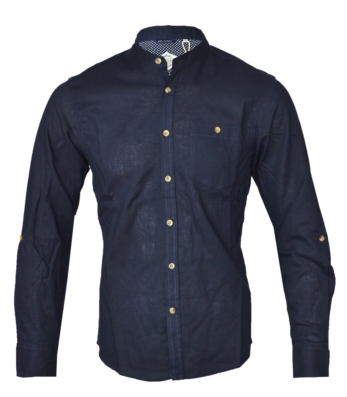 Mens Shirts Threadbare Linen Chambray Long Sleeved Plain Grandad Casual Summer (S, Navy)