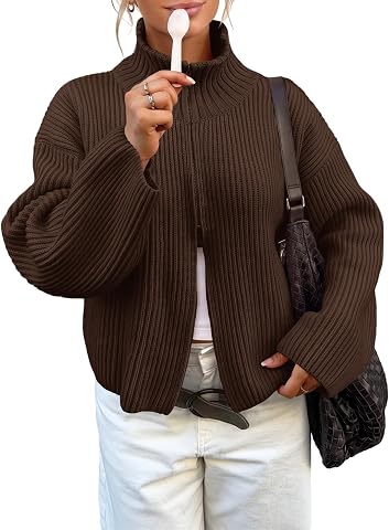 Women's Zip-Up Chunky Ribbed Knit Cardigan with Mock Neck
