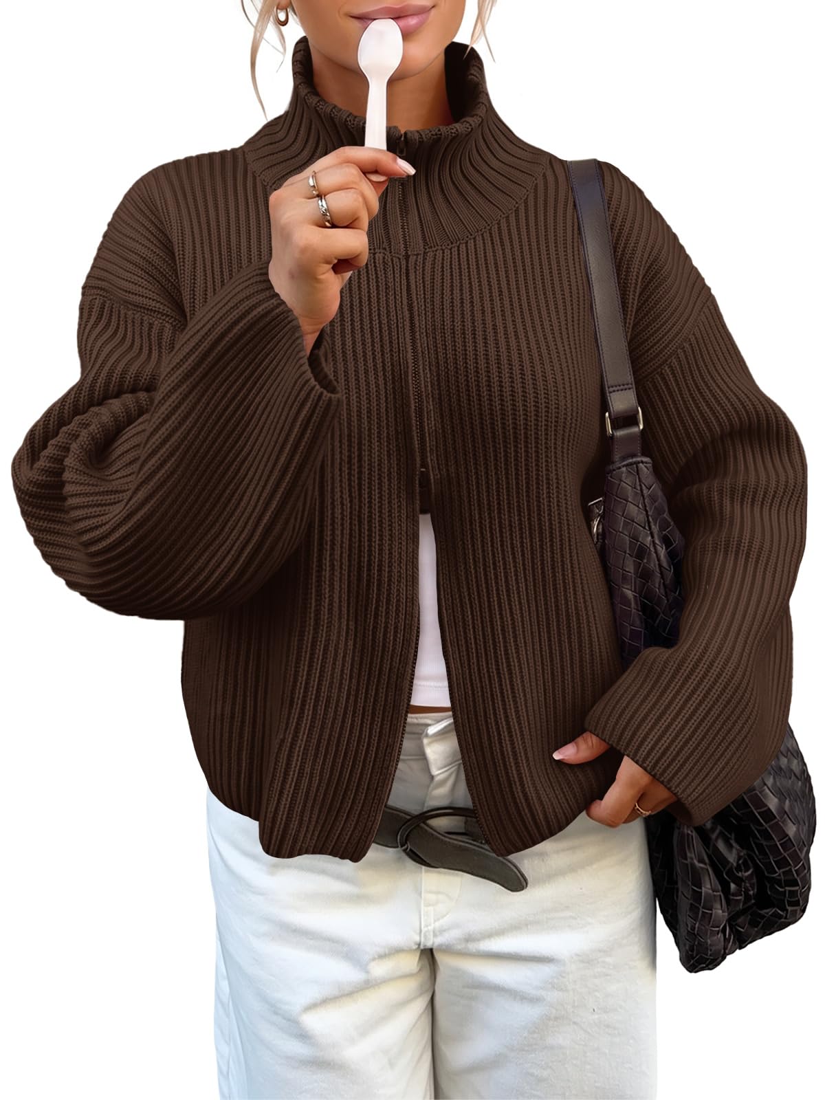 Womens Zip Up Chunky Cardigan Ribbed Knit Mock Neck Sweater Jacket